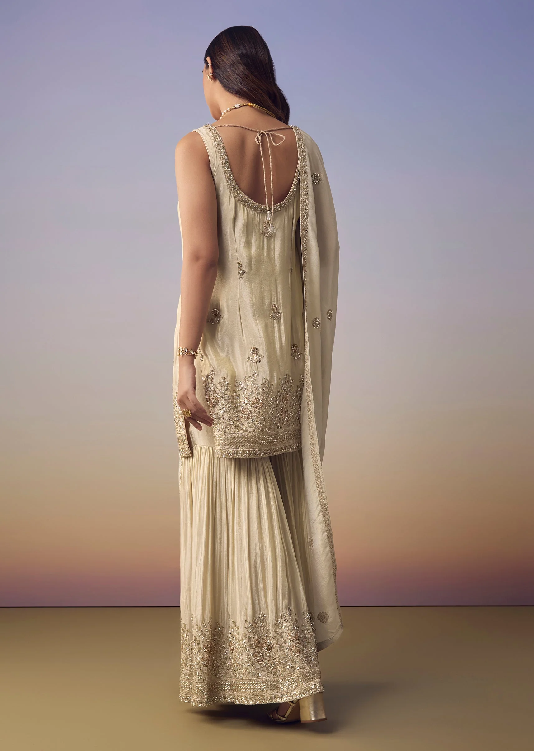 Cream Embroidered Kurta Sharara Set - Image 5