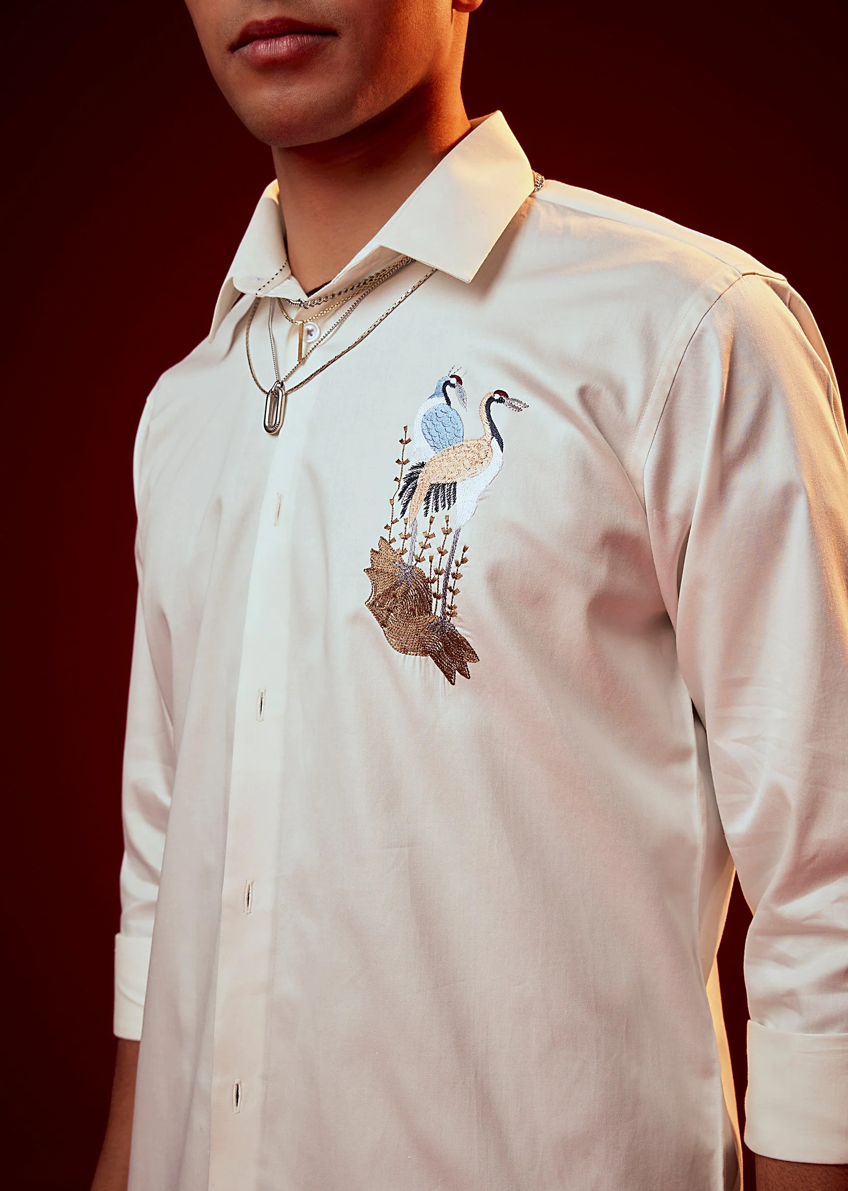 Cream Embroidered Mandarin Collar Shirt - Image 2