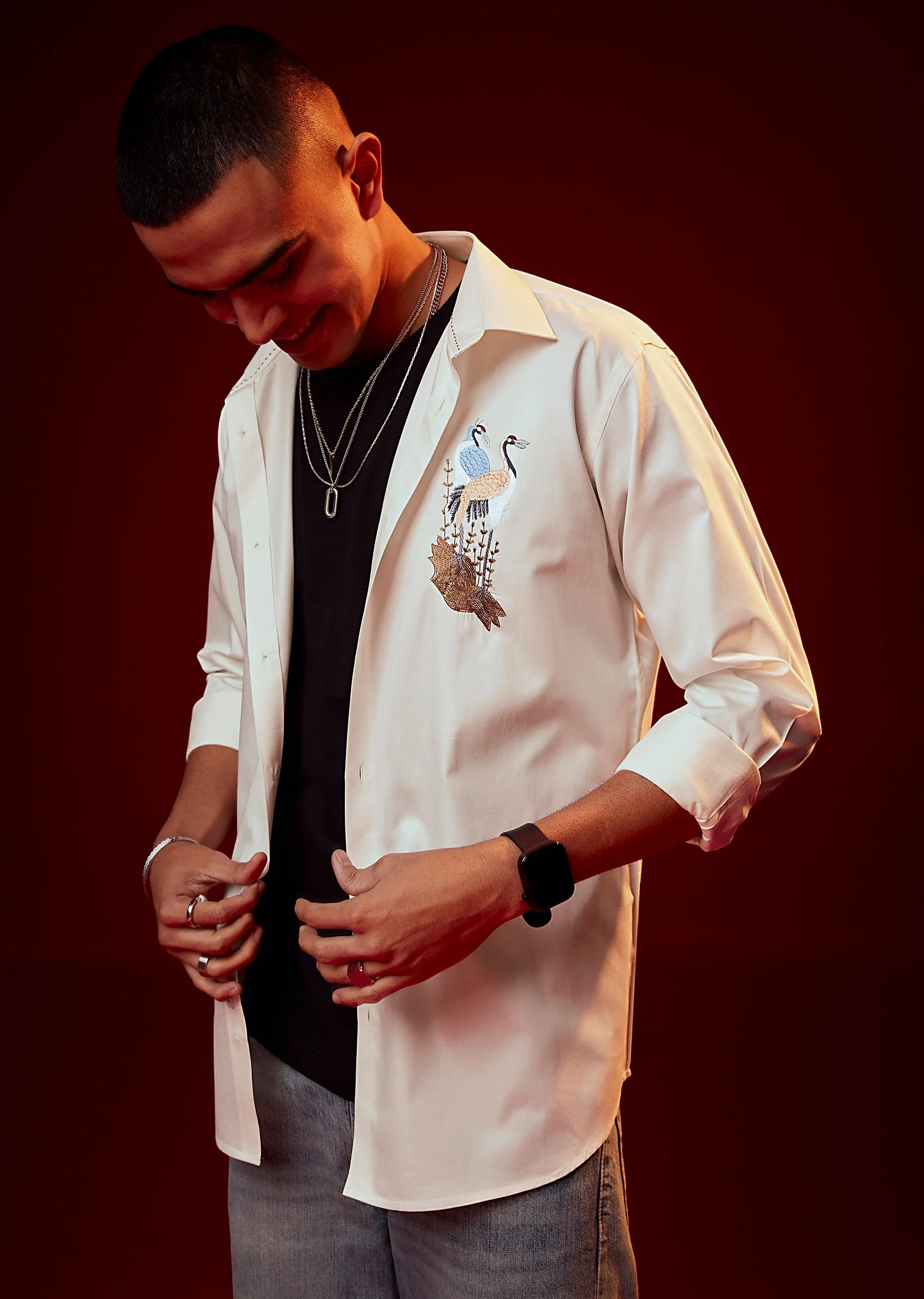Cream Embroidered Mandarin Collar Shirt - Image 3