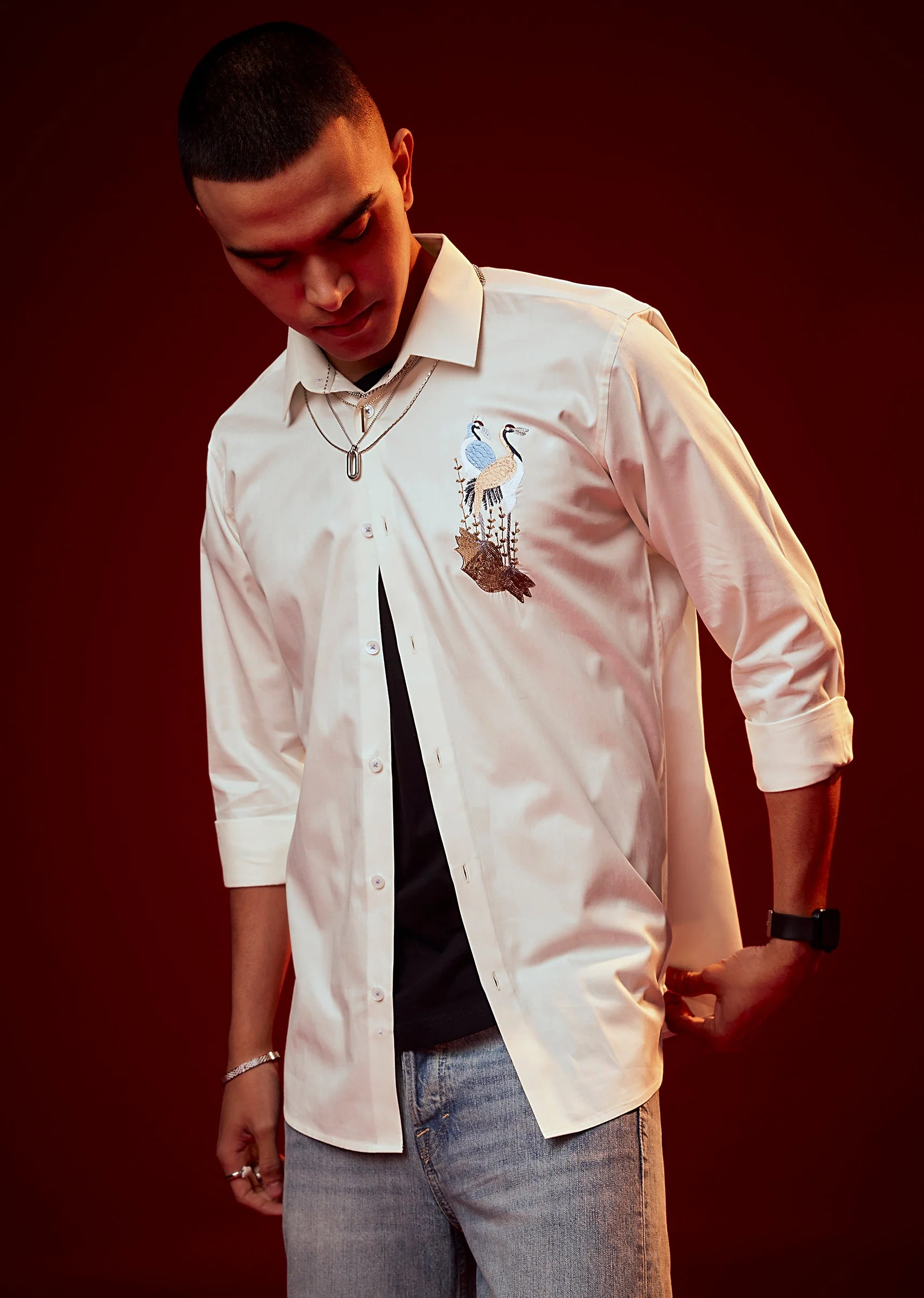 Cream Embroidered Mandarin Collar Shirt - Image 4