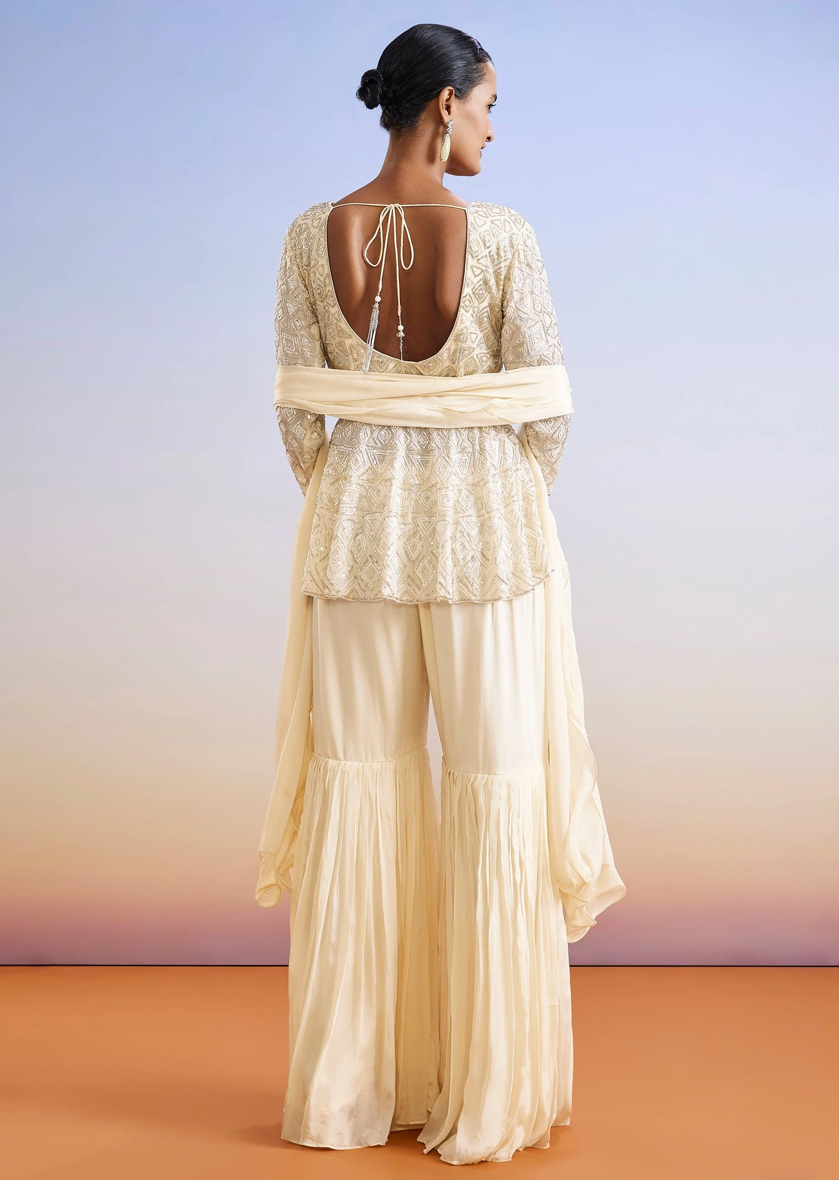 Cream Embroidered Peplum Sharara Suit With Dupatta And Belt - Image 5