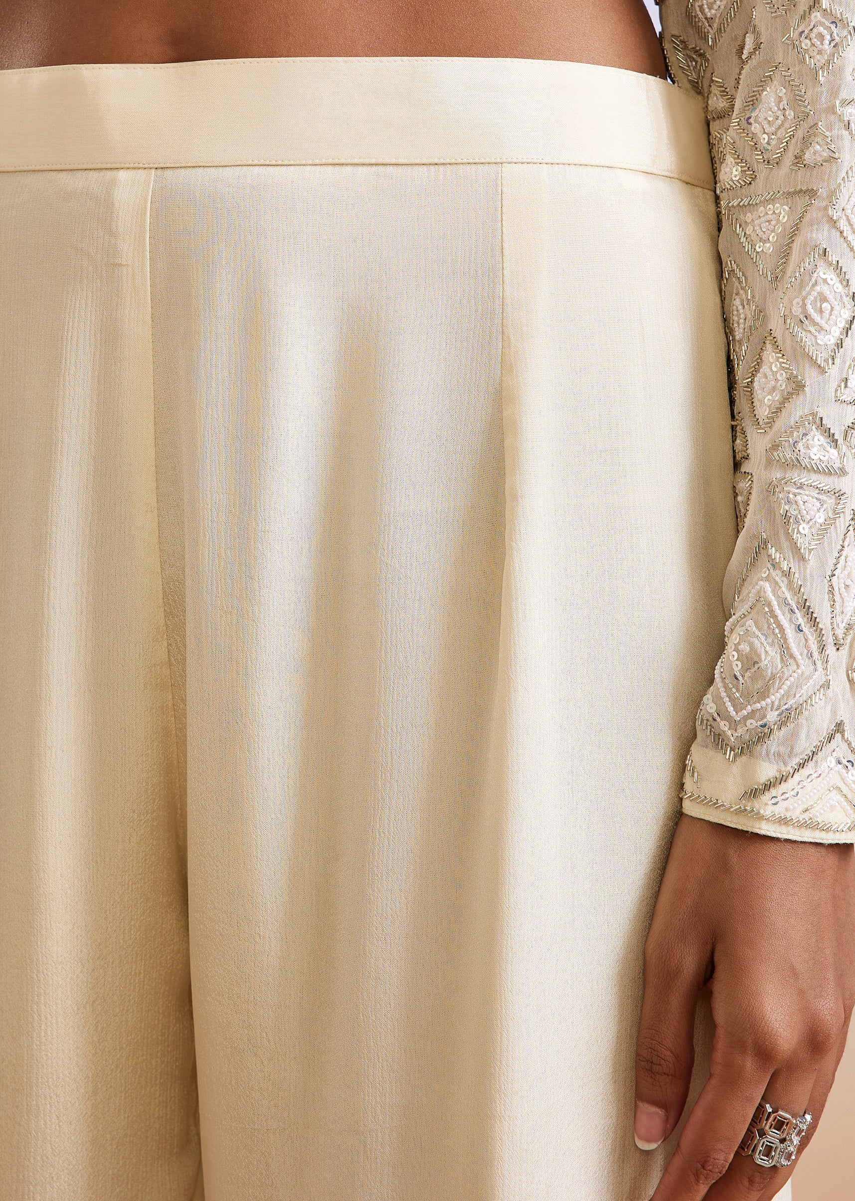 Cream Embroidered Peplum Sharara Suit With Dupatta And Belt - Image 6