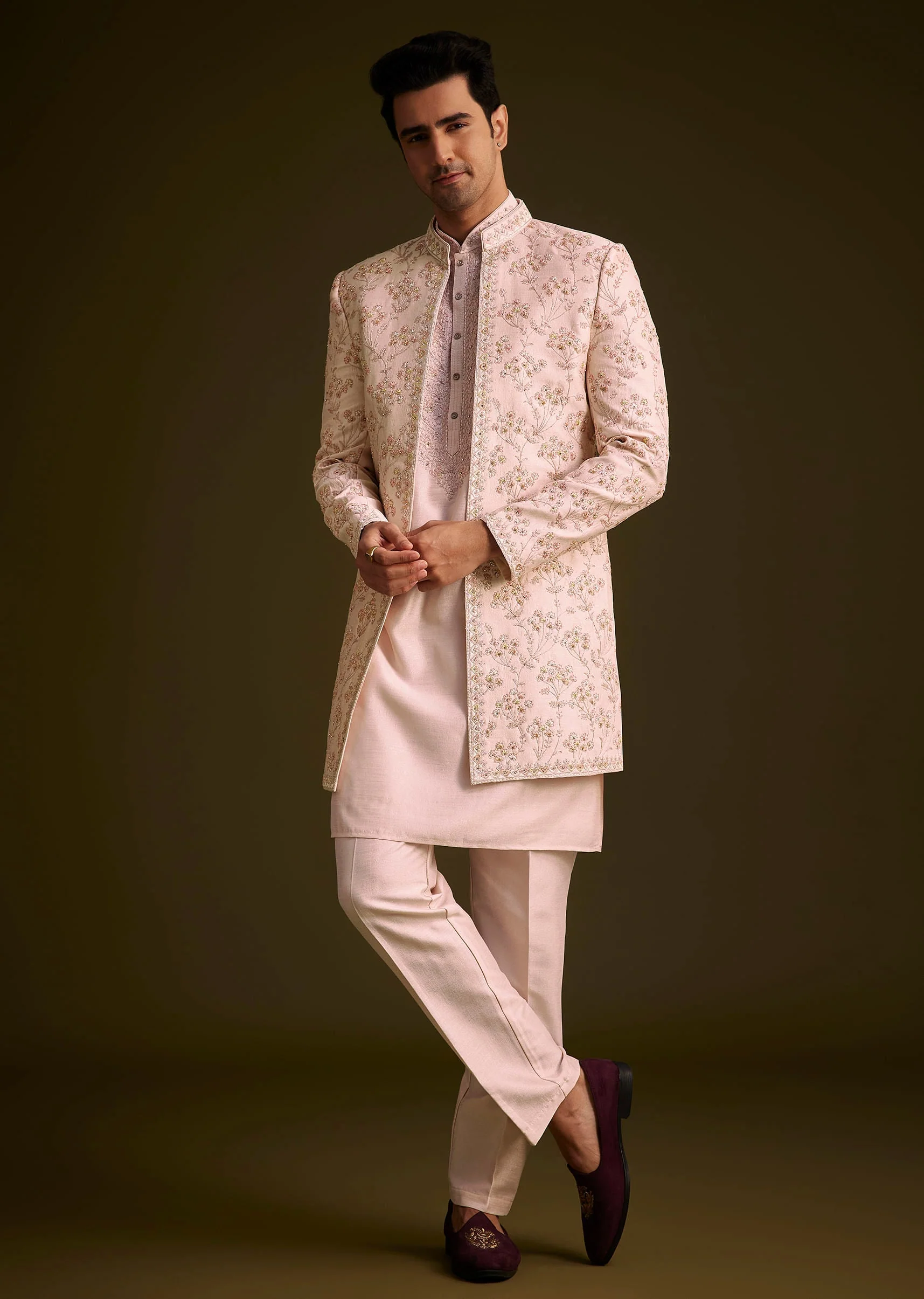 Cream Embroidered Sherwani With Thread And Sequin Work - Image 3