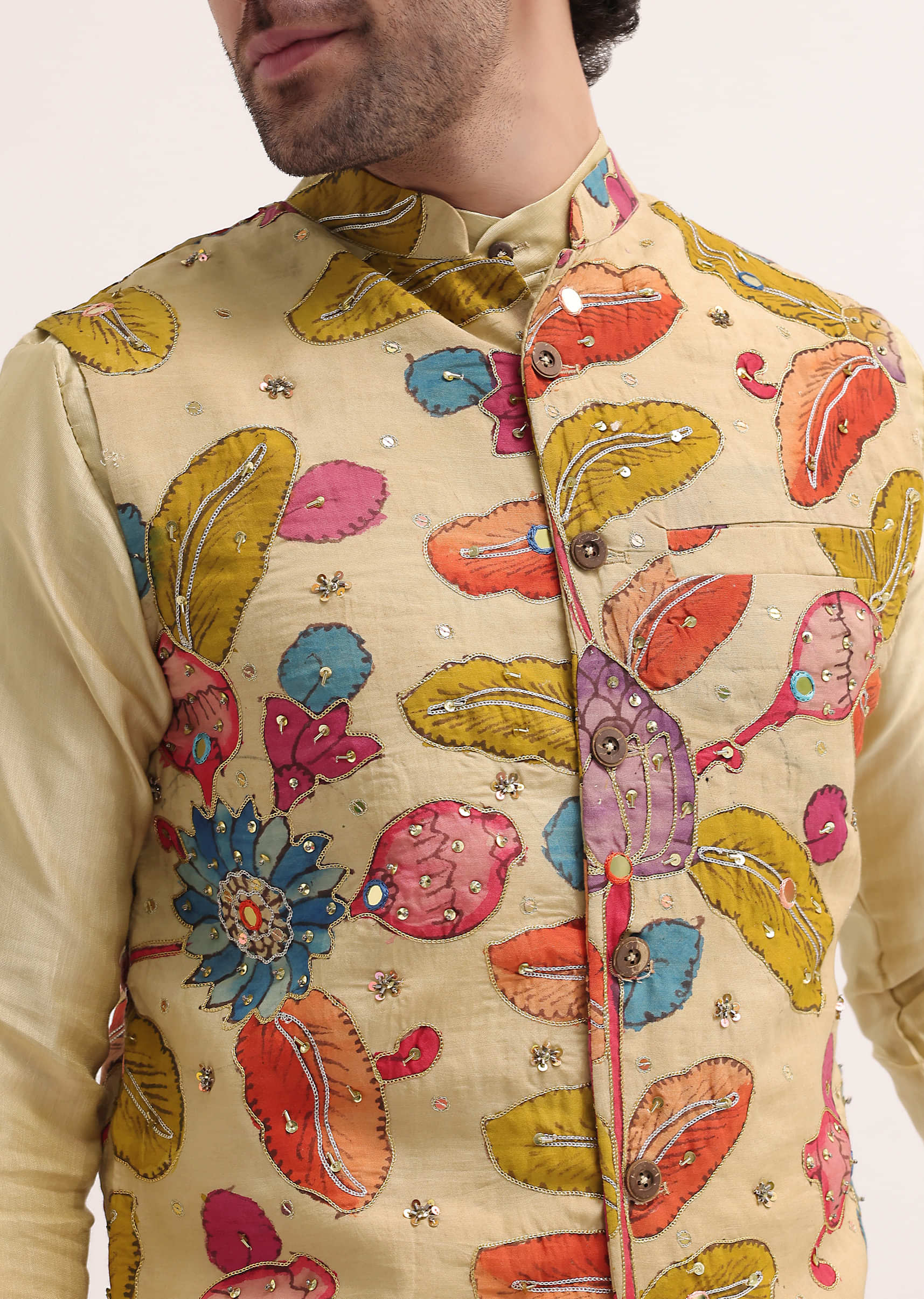 Cream Embroidered Silk Kurta Jacket Set For Men - Image 3