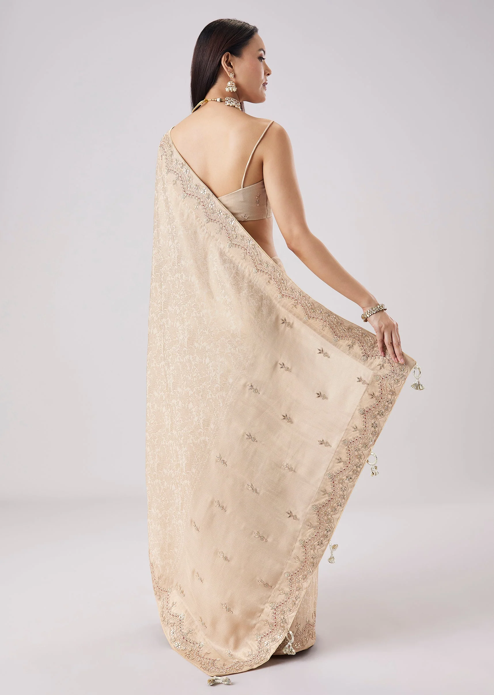 Cream Embroidered Tassel Saree With Unstitched Blouse - Image 4