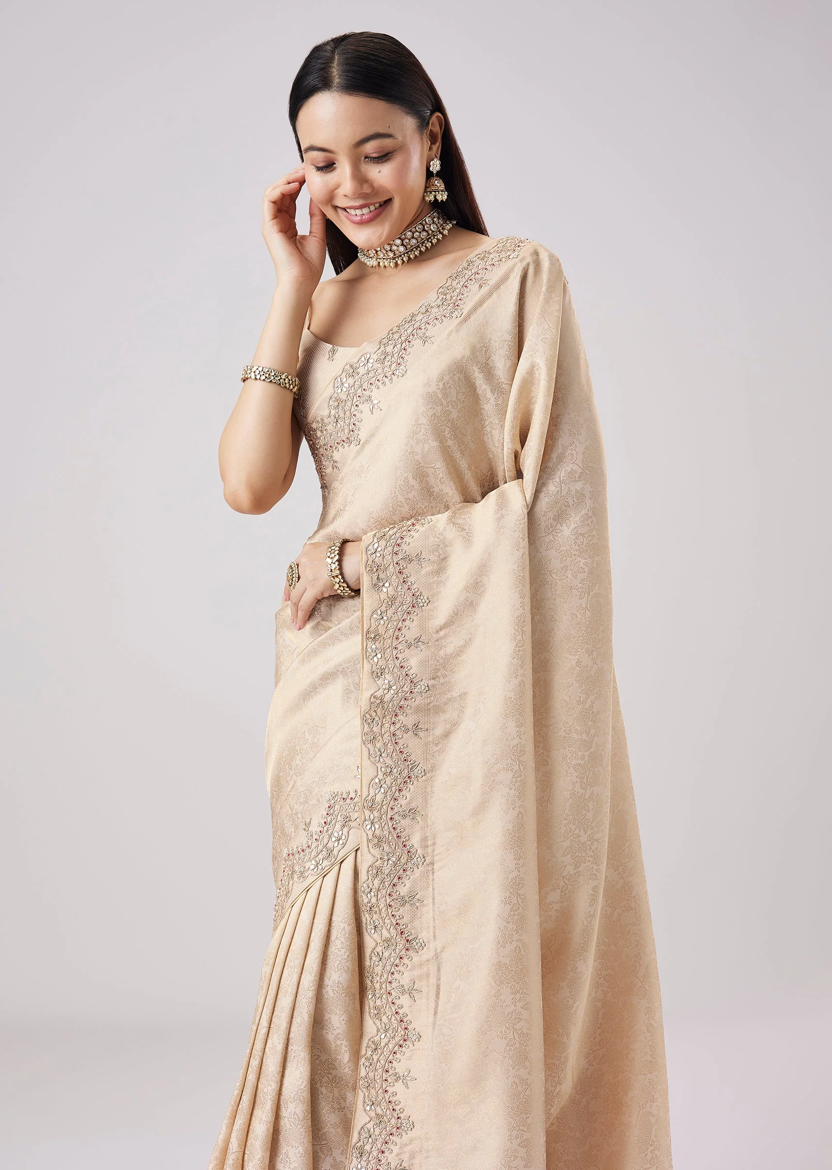 Cream Embroidered Tassel Saree With Unstitched Blouse - Image 5
