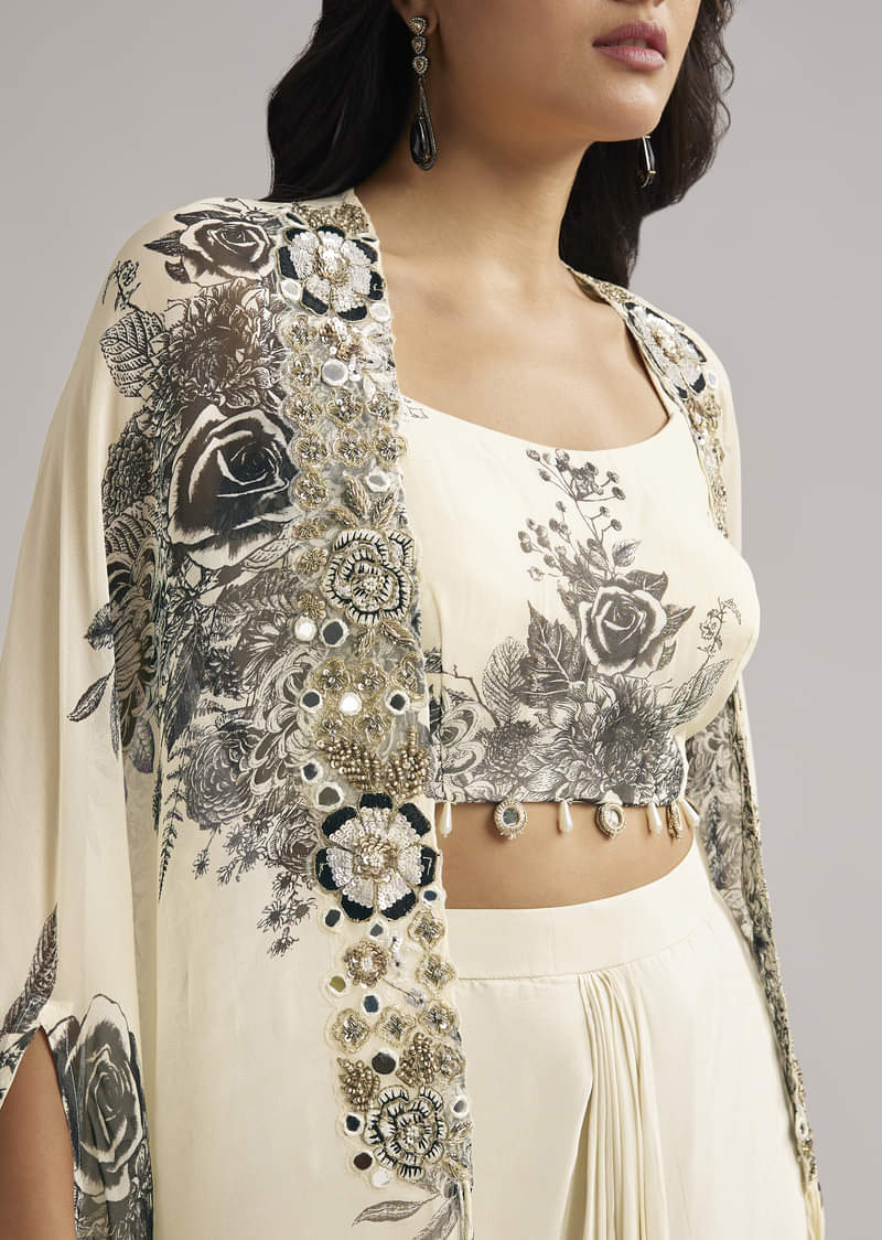 Cream Floral Cape Set With Crop Top And Skirt - Image 2