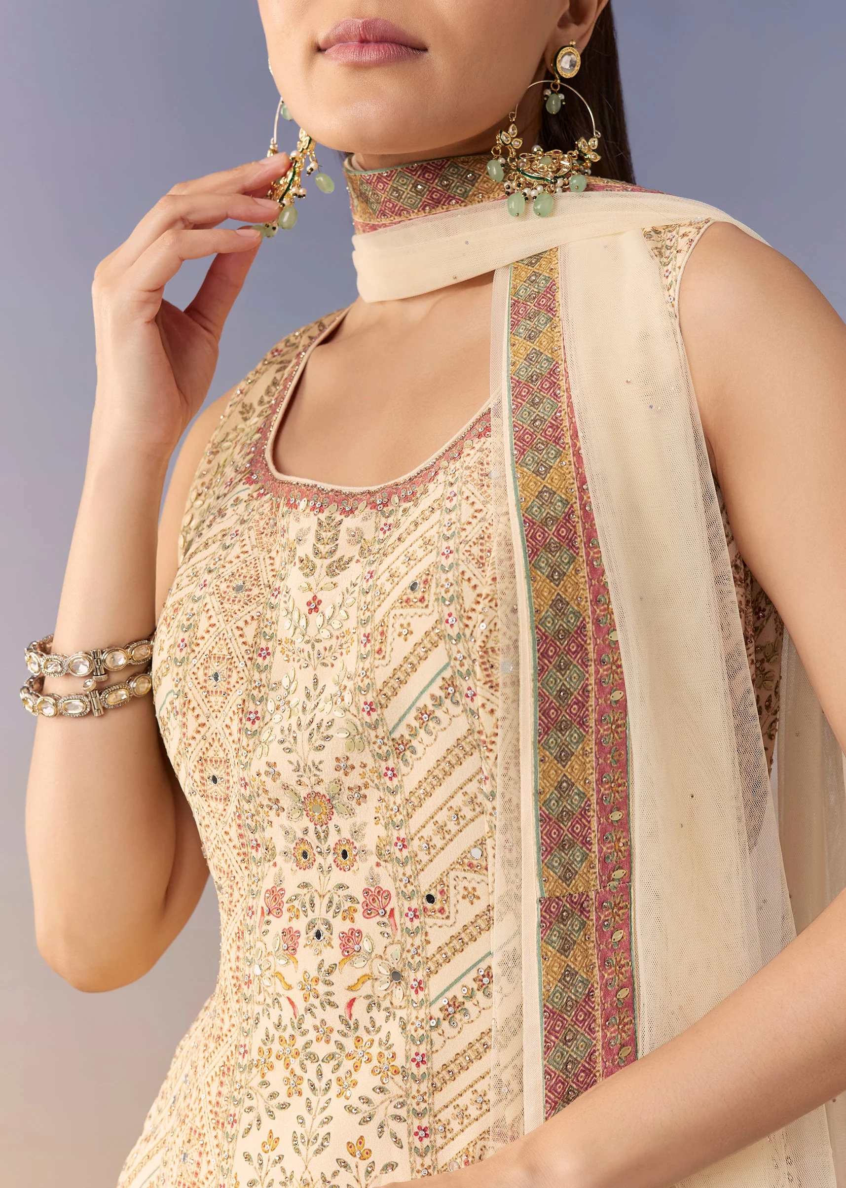 Cream Floral Printed Palazzo Set with Dupatta - Image 2