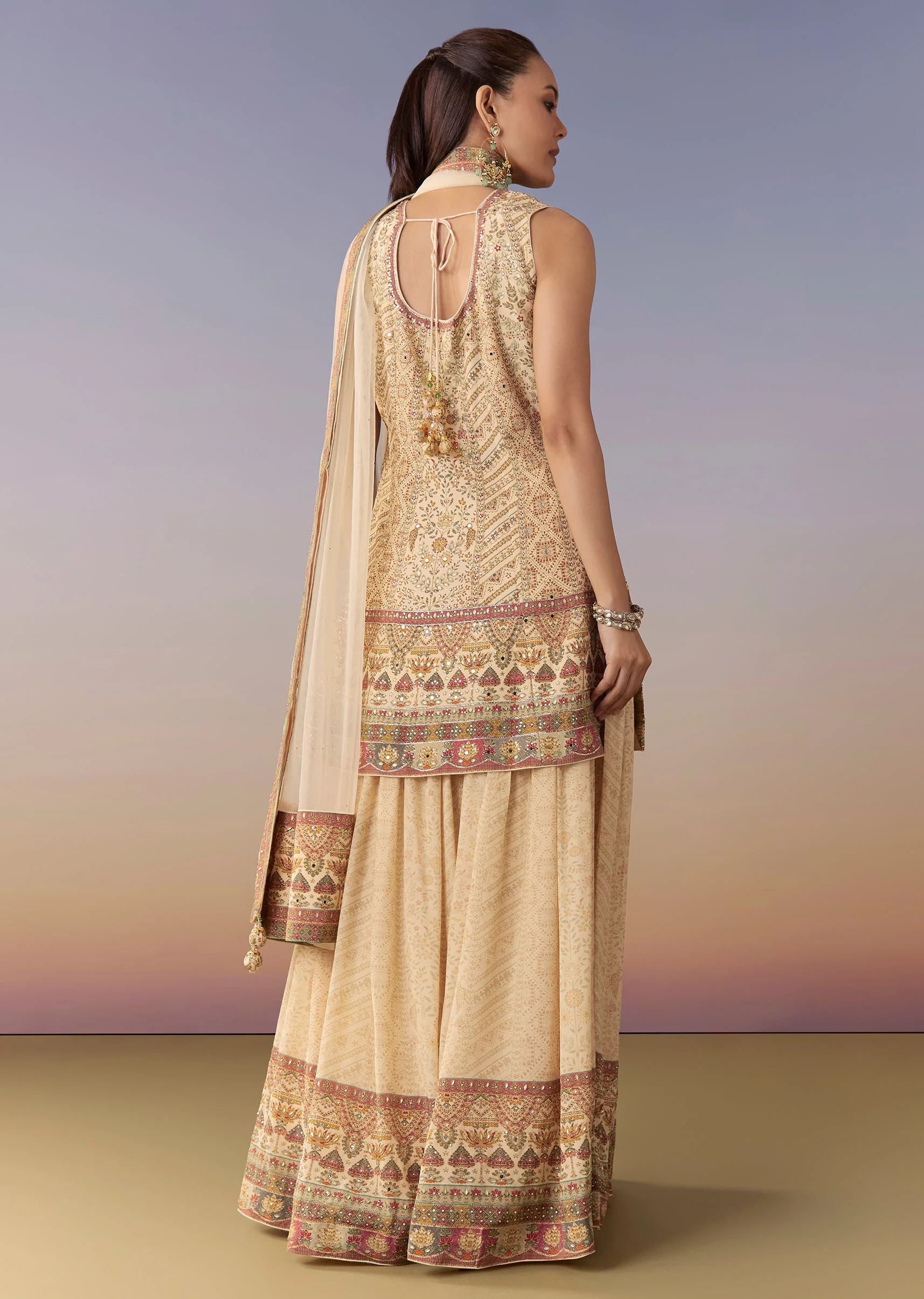 Cream Floral Printed Palazzo Set with Dupatta - Image 5