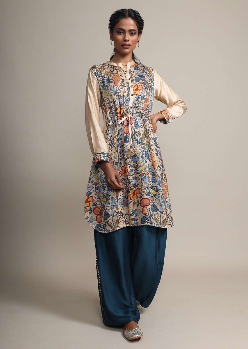 Cream Floral Printed Suit With Contrasting Peacock Blue Palazzo Pants - Image 2