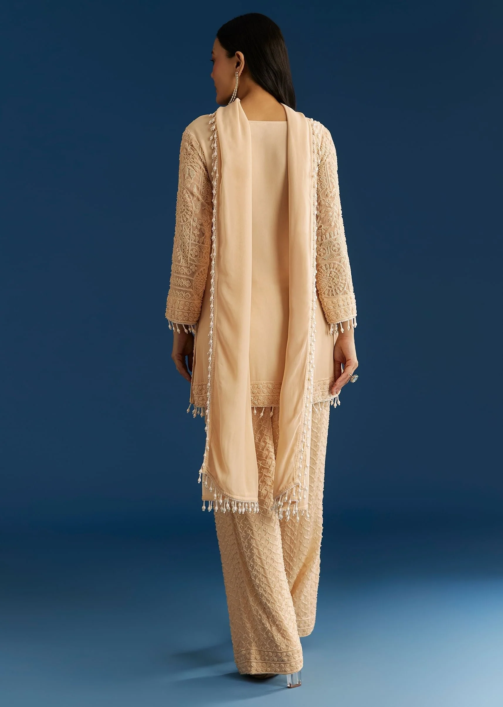 Cream Georgette Kurta Pant Set With Beaded Dupatta - Image 5