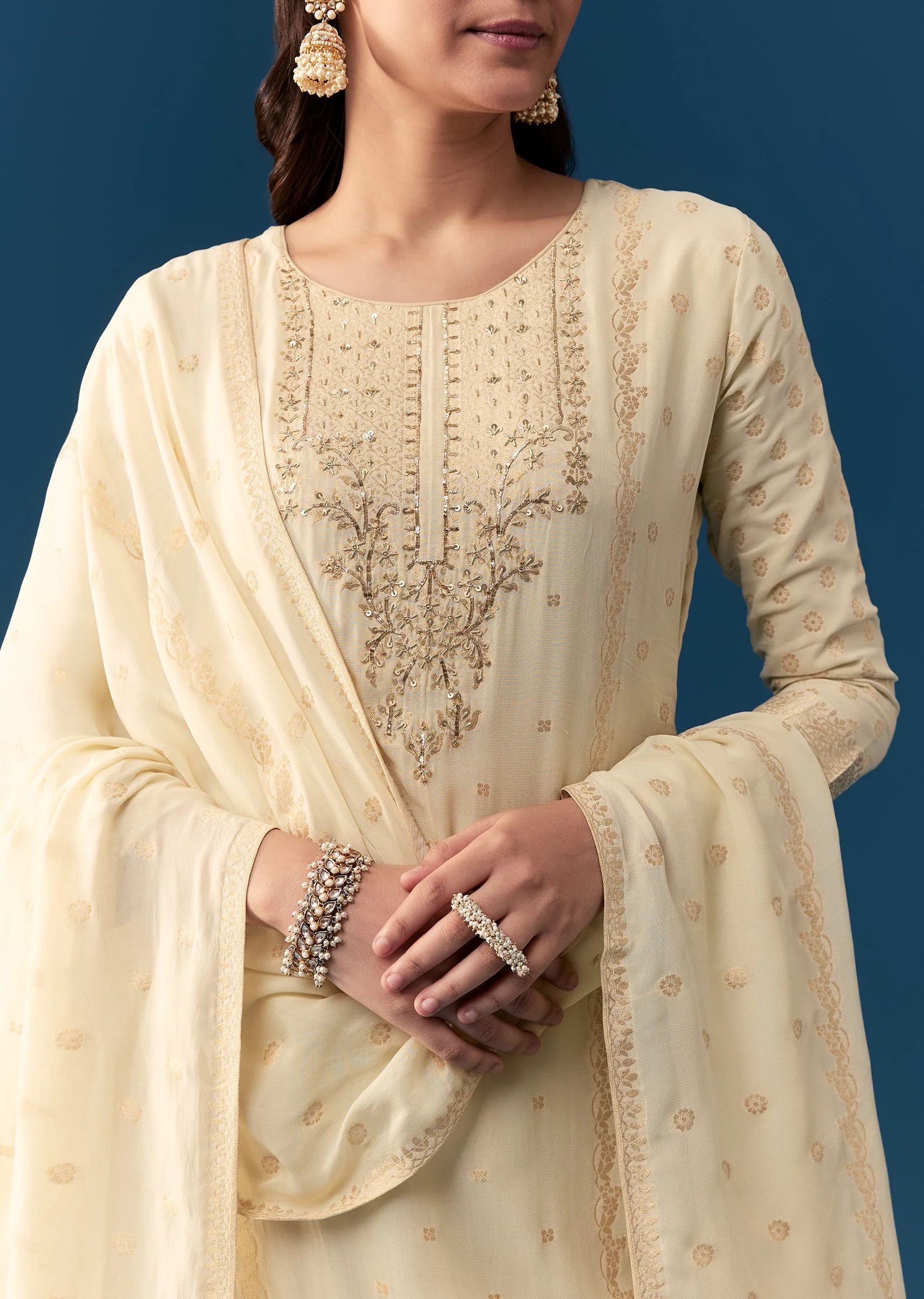 Cream Georgette Kurta Set With Zardosi Work - Image 2