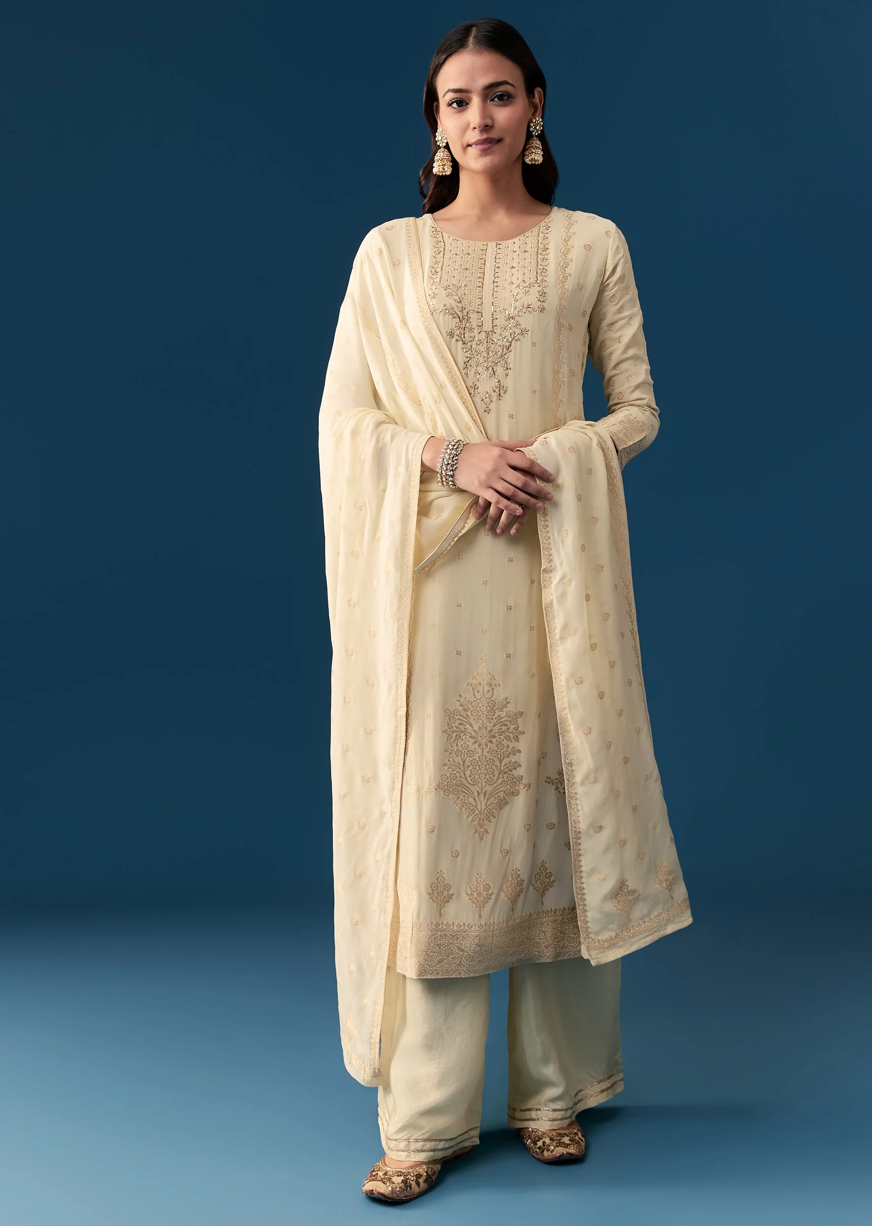 Cream Georgette Kurta Set With Zardosi Work - Image 3