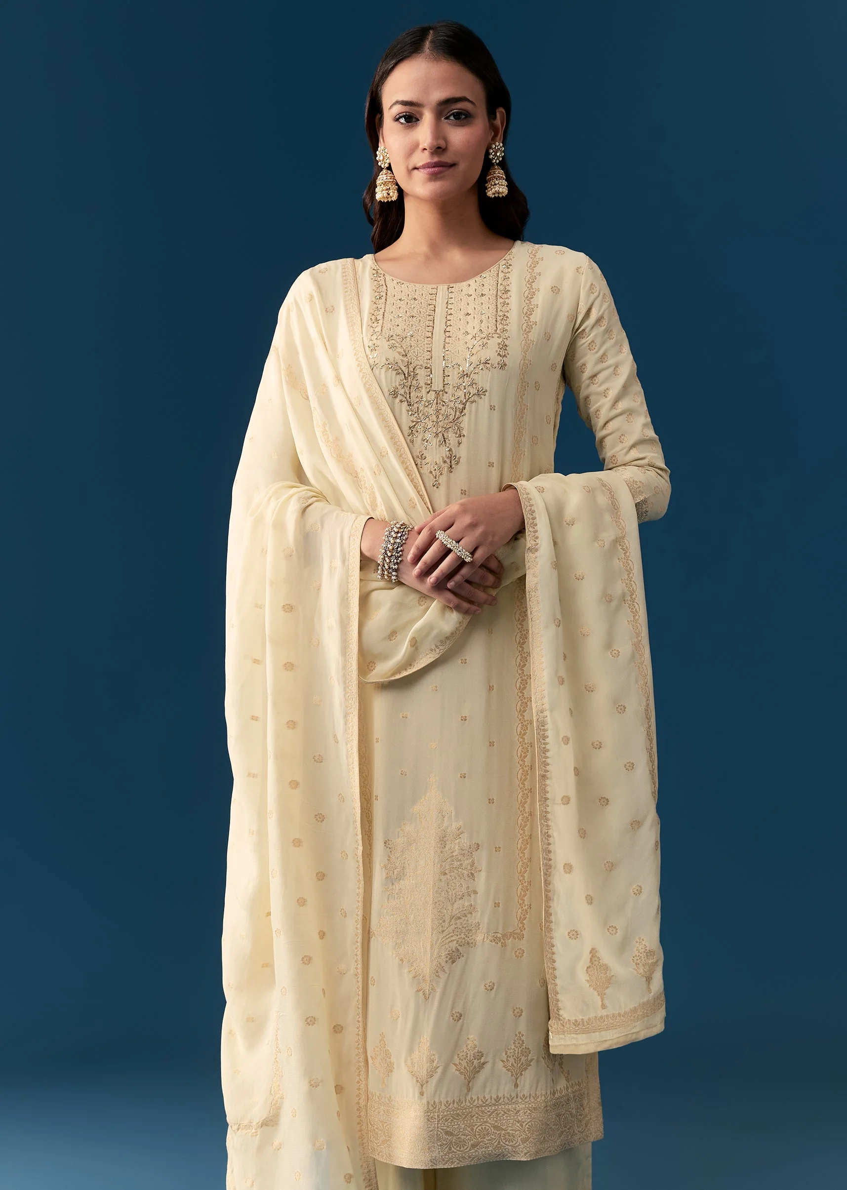 Cream Georgette Kurta Set With Zardosi Work - Image 4