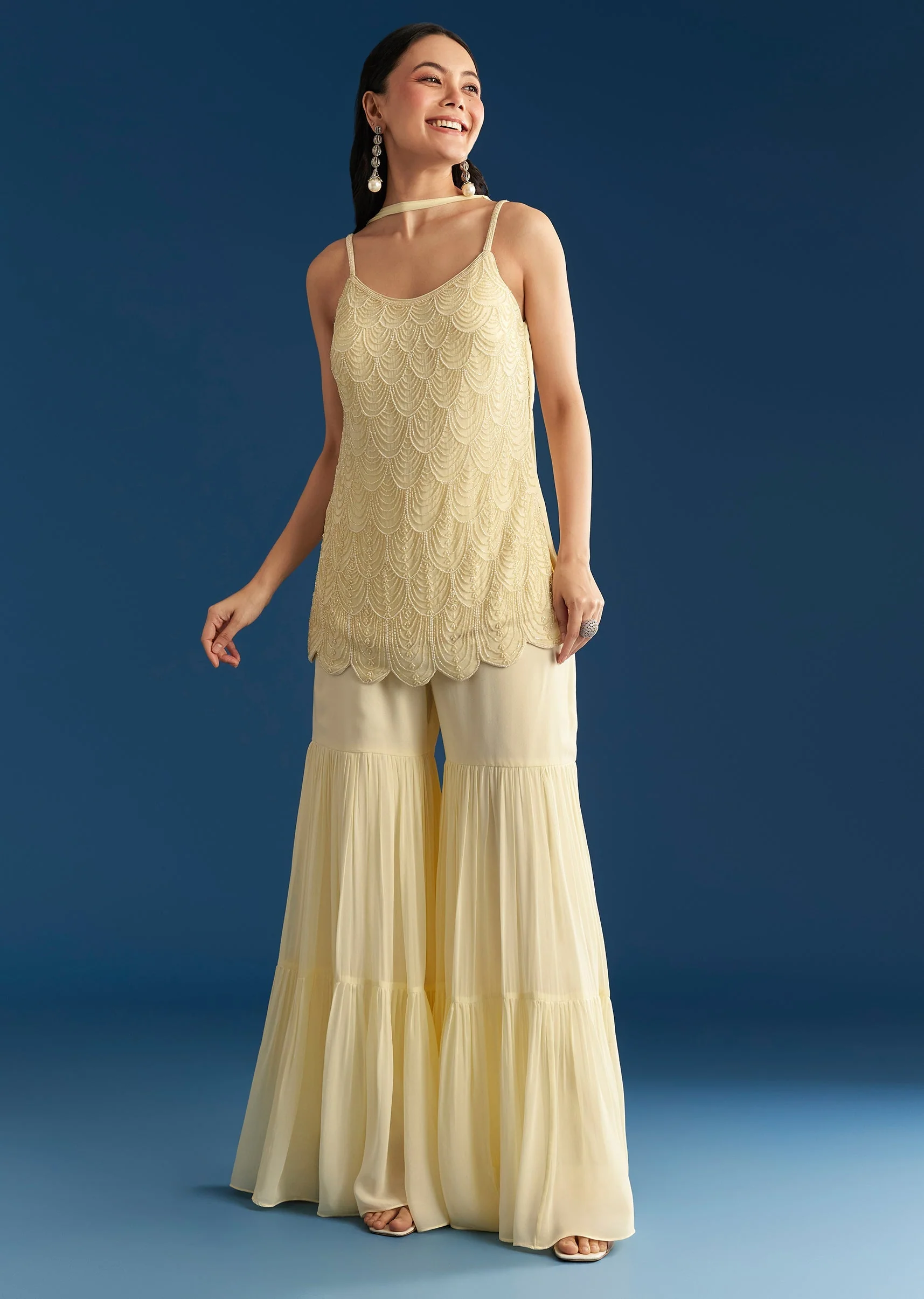 Cream Georgette Kurta Sharara Set With Dupatta - Image 3