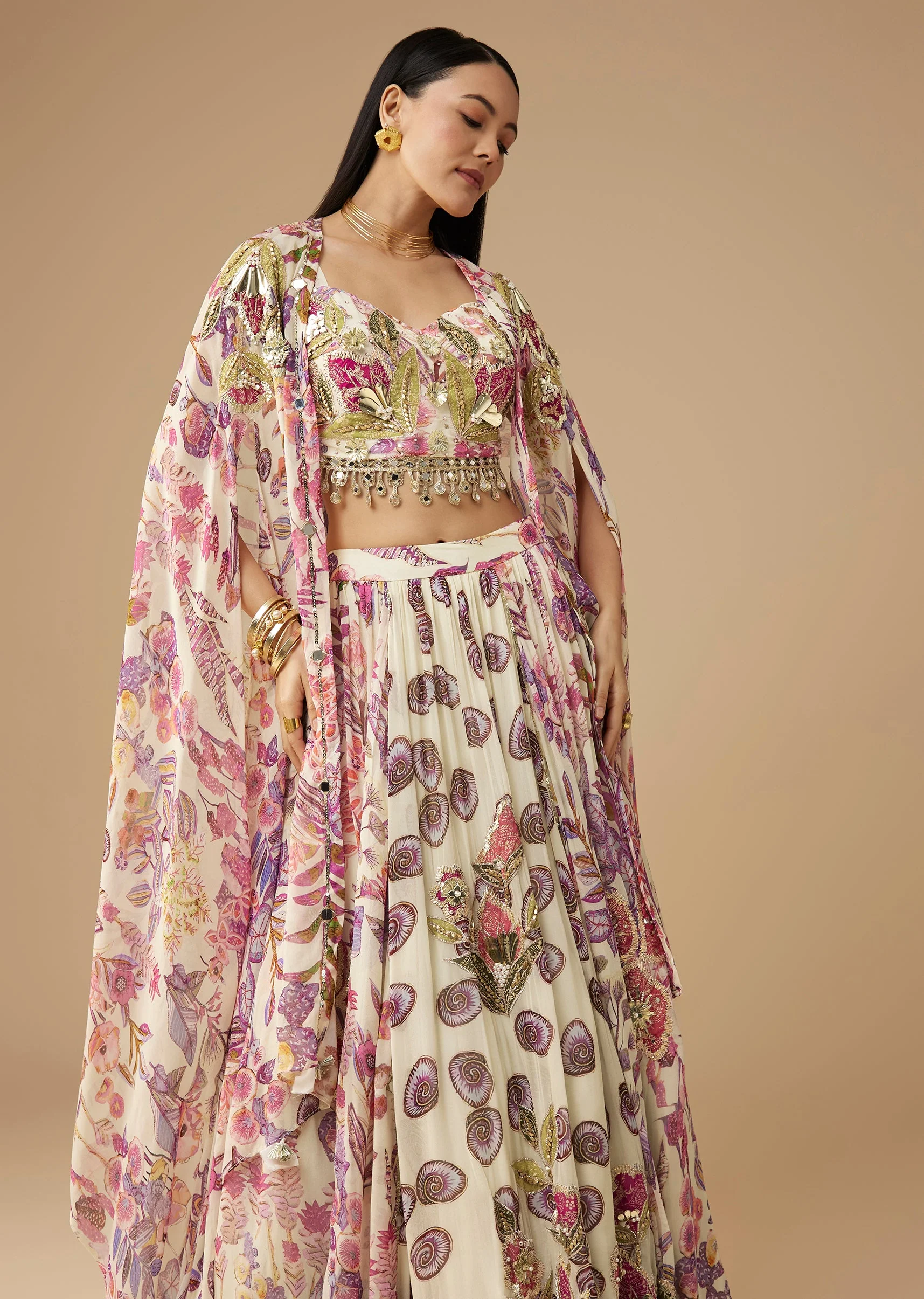 Cream Georgette Printed Lehenga Set with Cape - Image 4