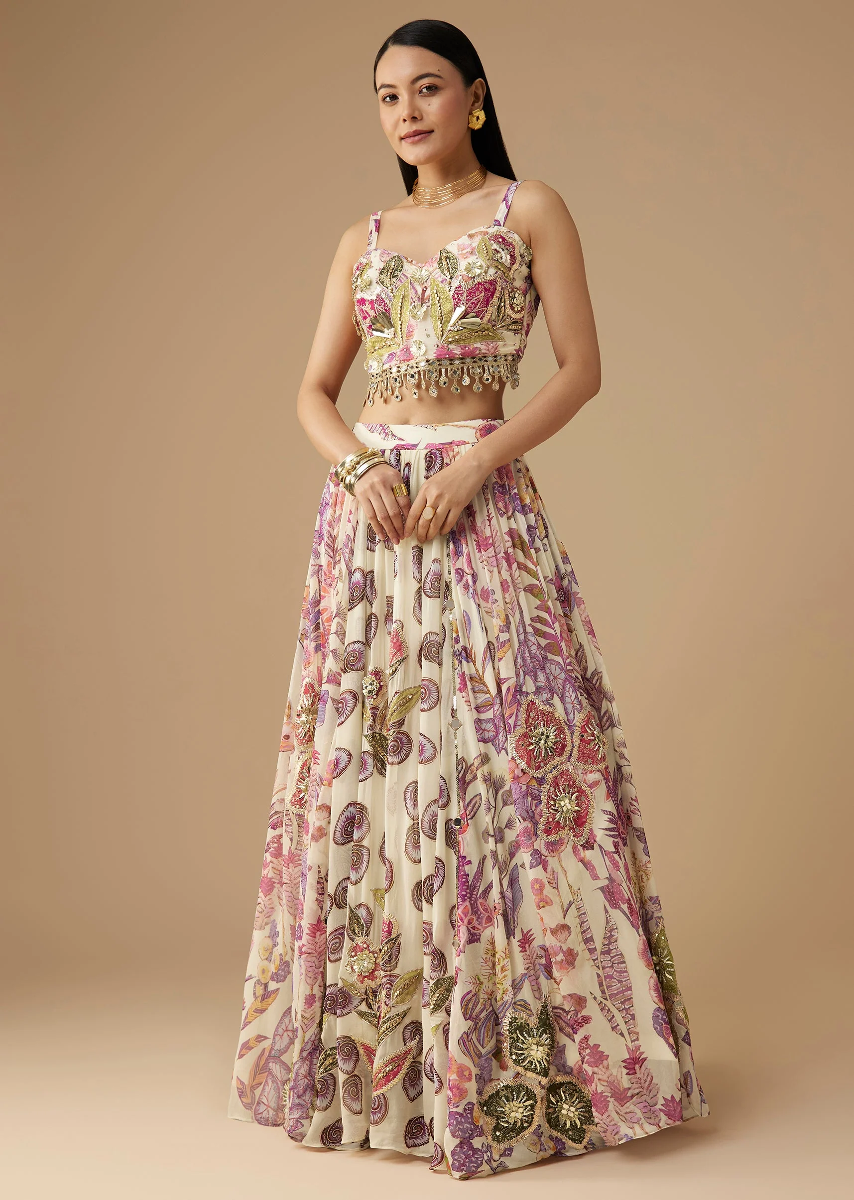 Cream Georgette Printed Lehenga Set with Cape - Image 5
