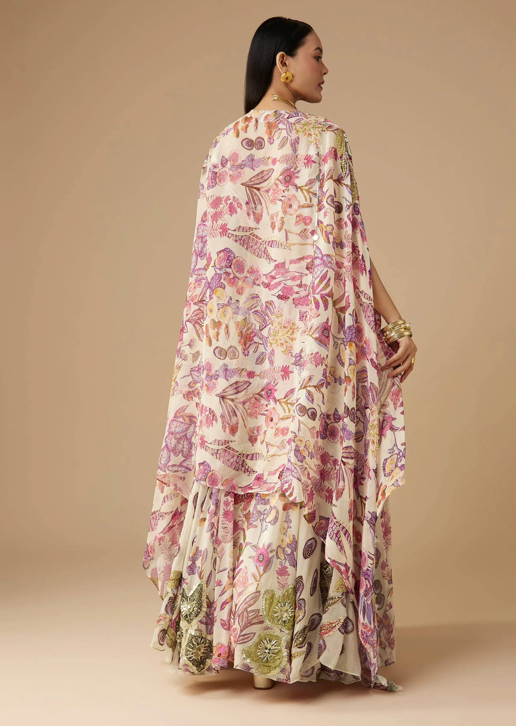 Cream Georgette Printed Lehenga Set with Cape - Image 6