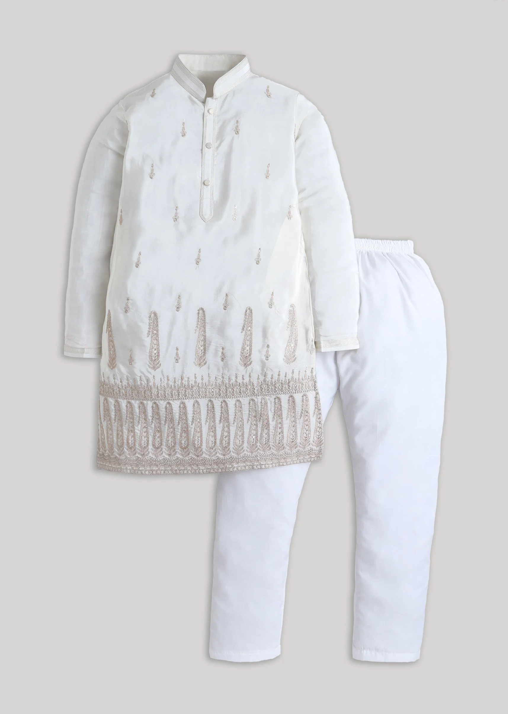 Cream Gold Silk Kurta Set With Zari Embroidery Detail