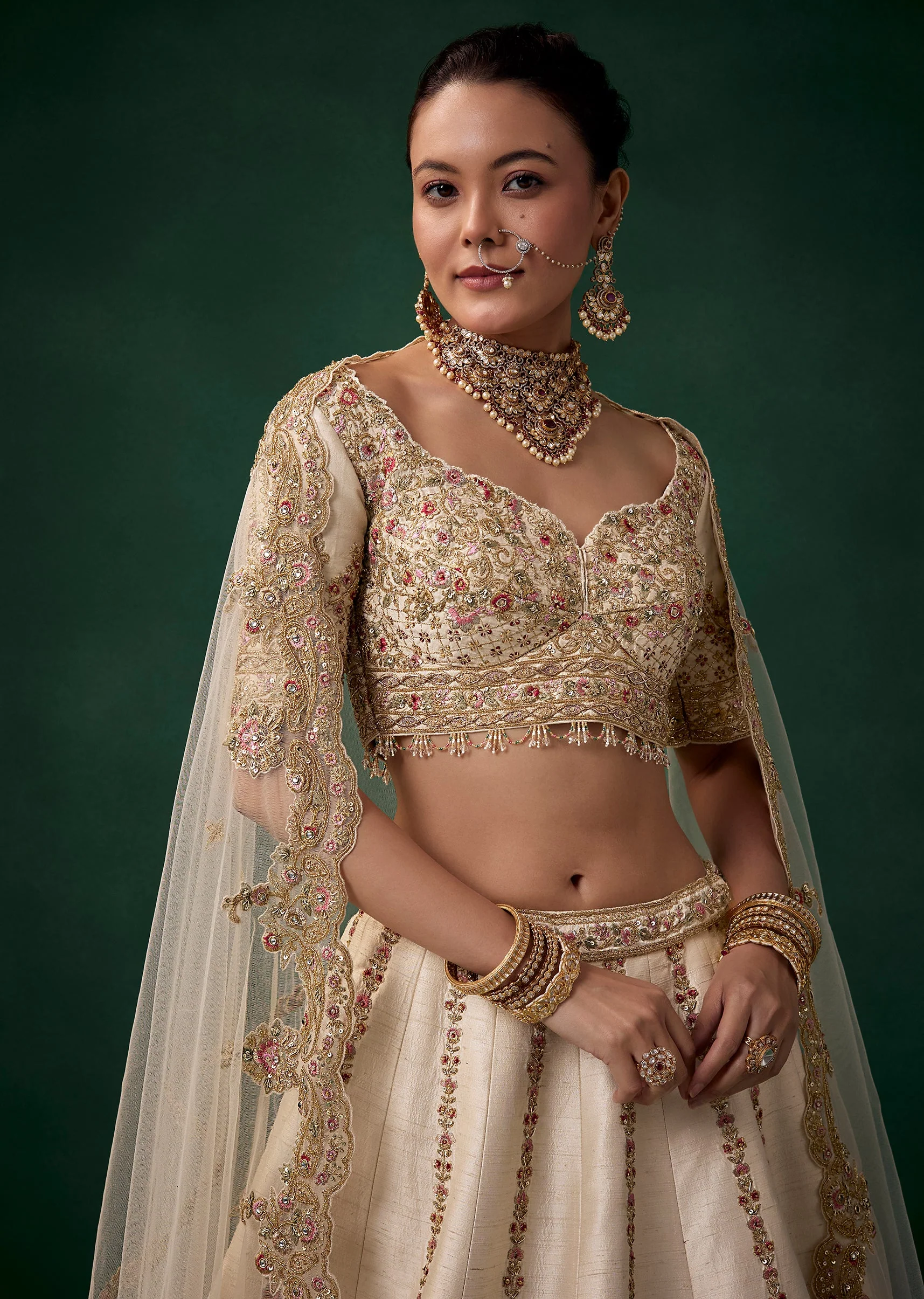 Cream Gold Thread Work Bridal Lehenga Set - Image 3