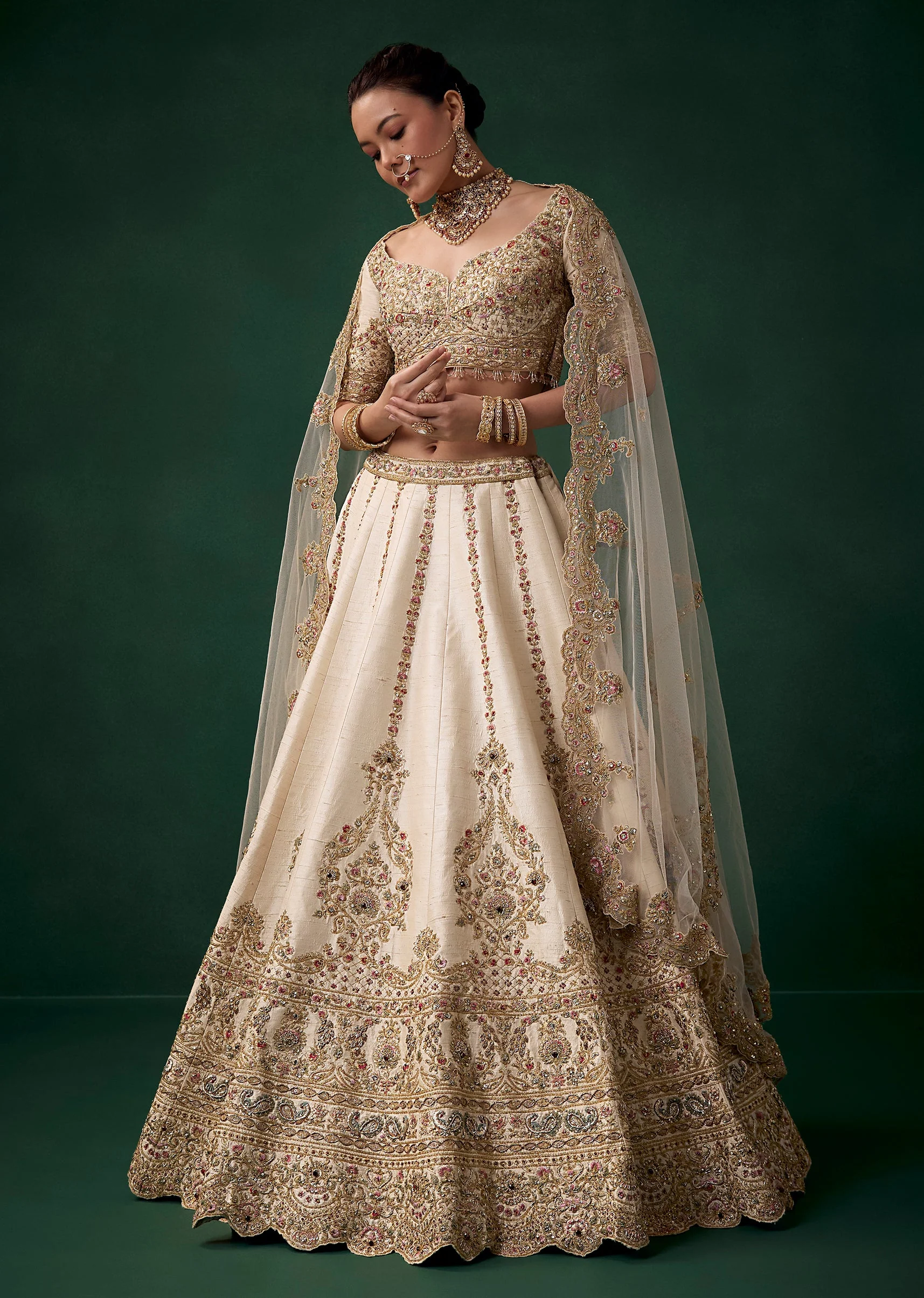 Cream Gold Thread Work Bridal Lehenga Set - Image 4