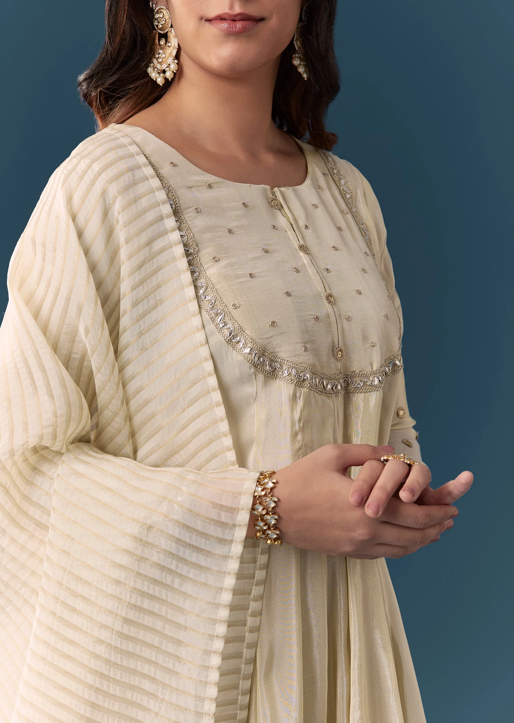 Cream Gotta Lace Tissue Anarkali Suit Set With Pant And Dupatta - Image 2