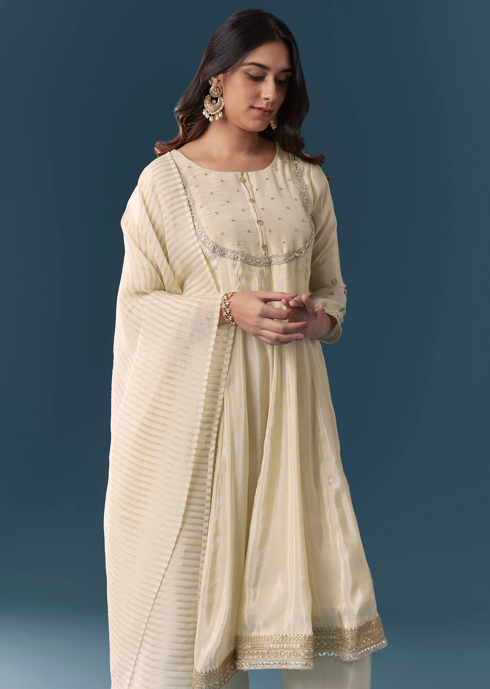 Cream Gotta Lace Tissue Anarkali Suit Set With Pant And Dupatta - Image 4