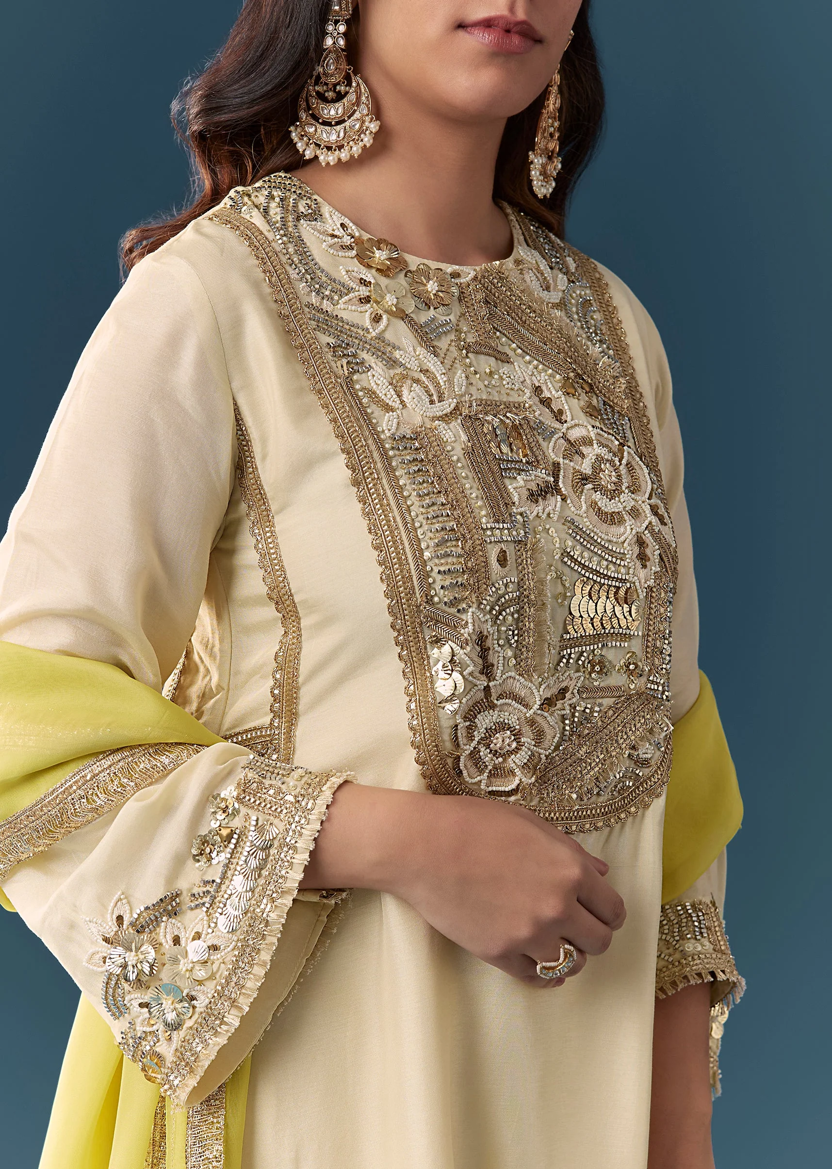 Cream Green Ombre Dupatta Kurta Set With Pant - Image 2