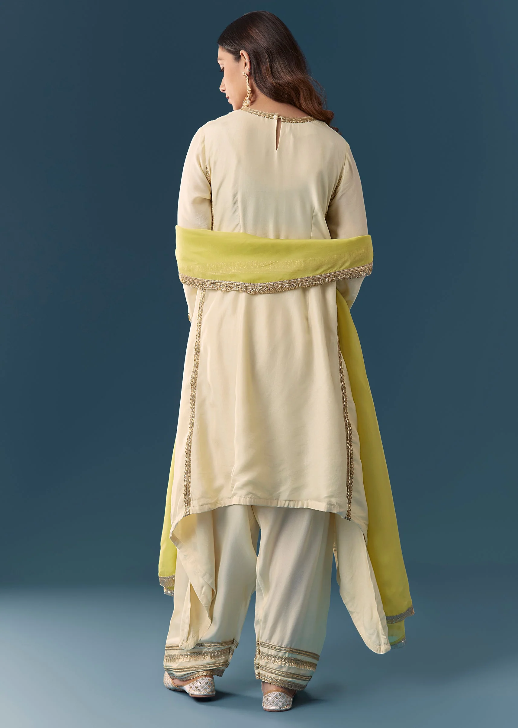 Cream Green Ombre Dupatta Kurta Set With Pant - Image 5