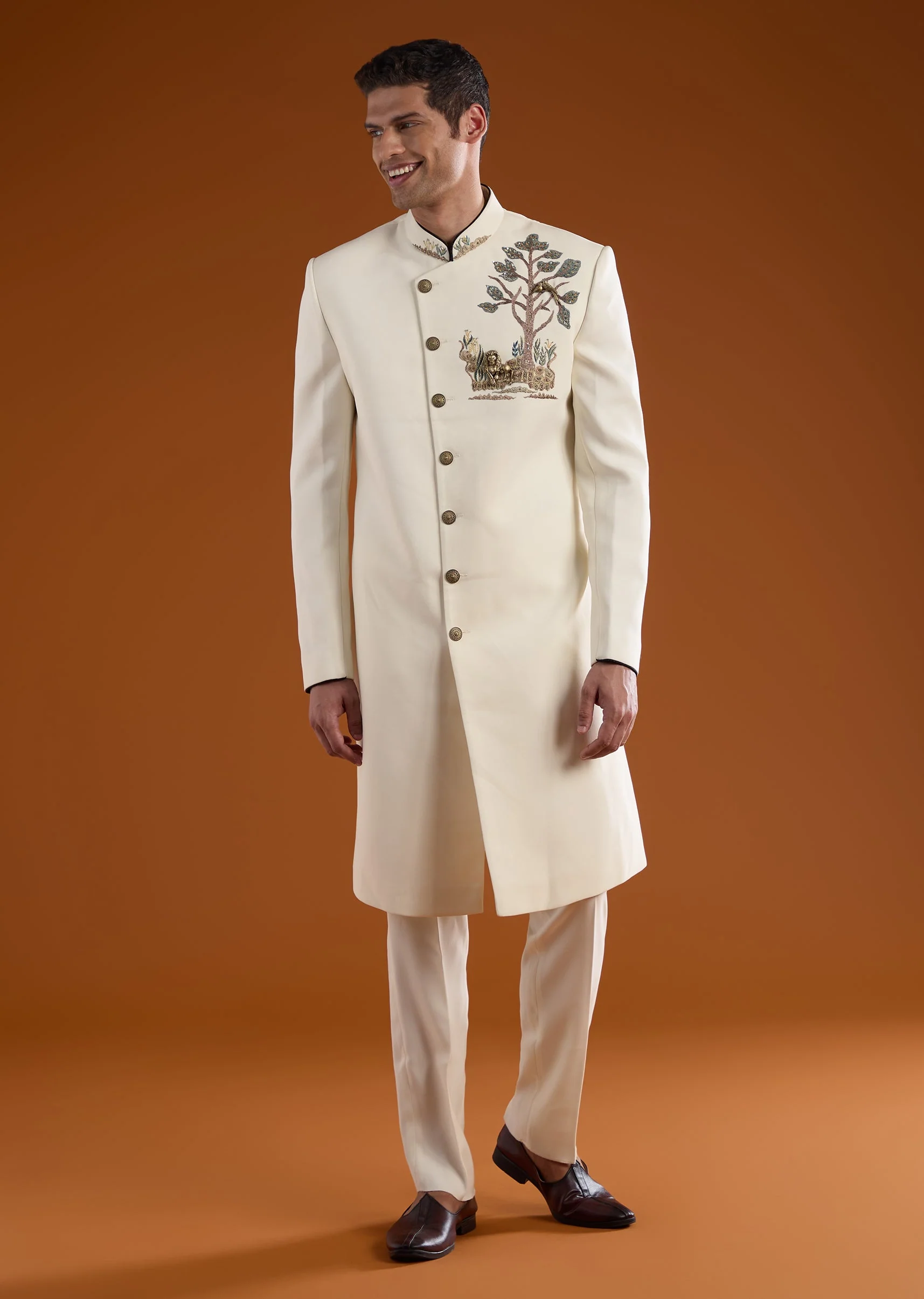 Cream Indowestern Pant Set with Cutdana Work - Image 4