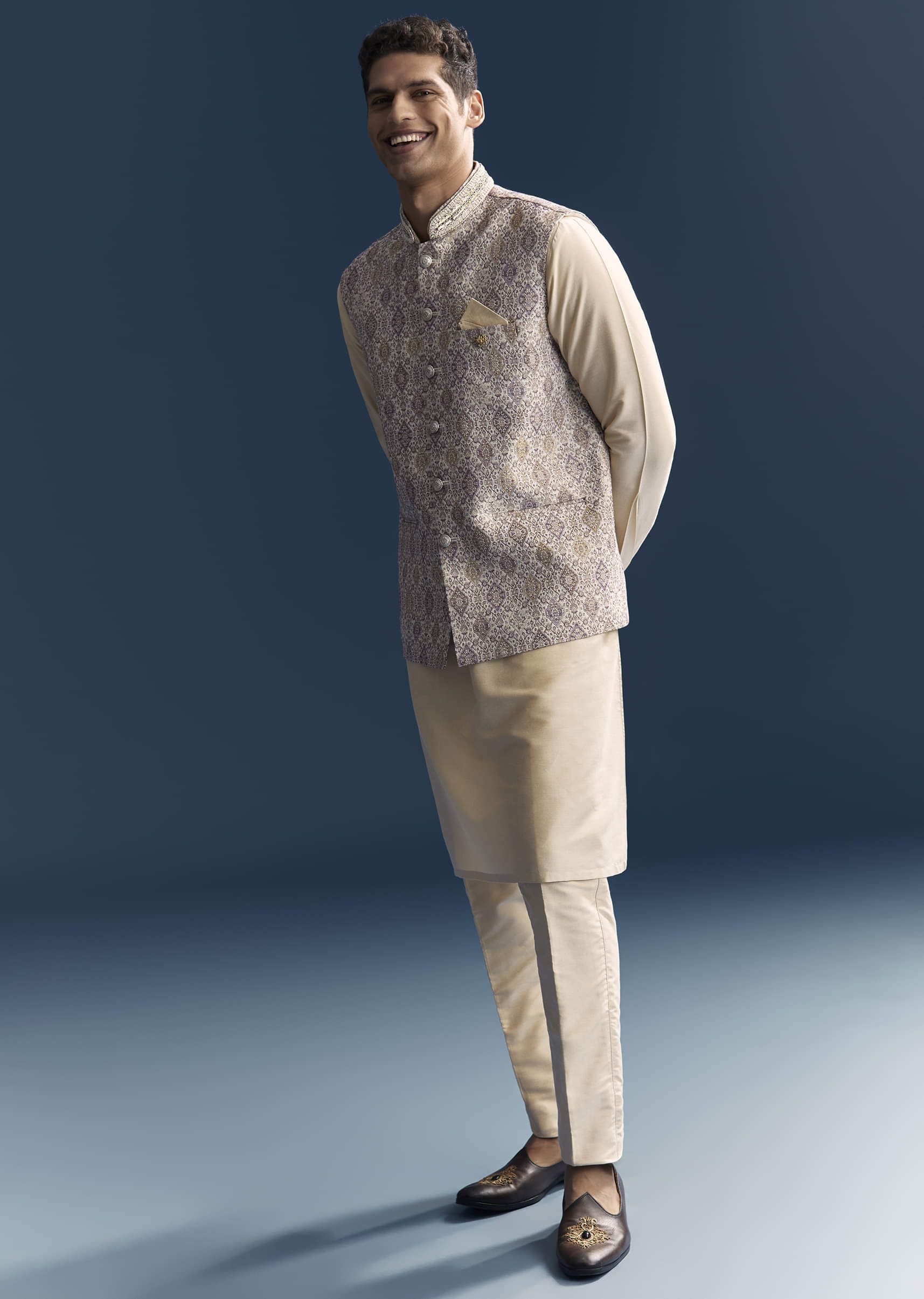 Cream Jacquard Kurta Jacket Set For Men With Printed Jacket - Image 3
