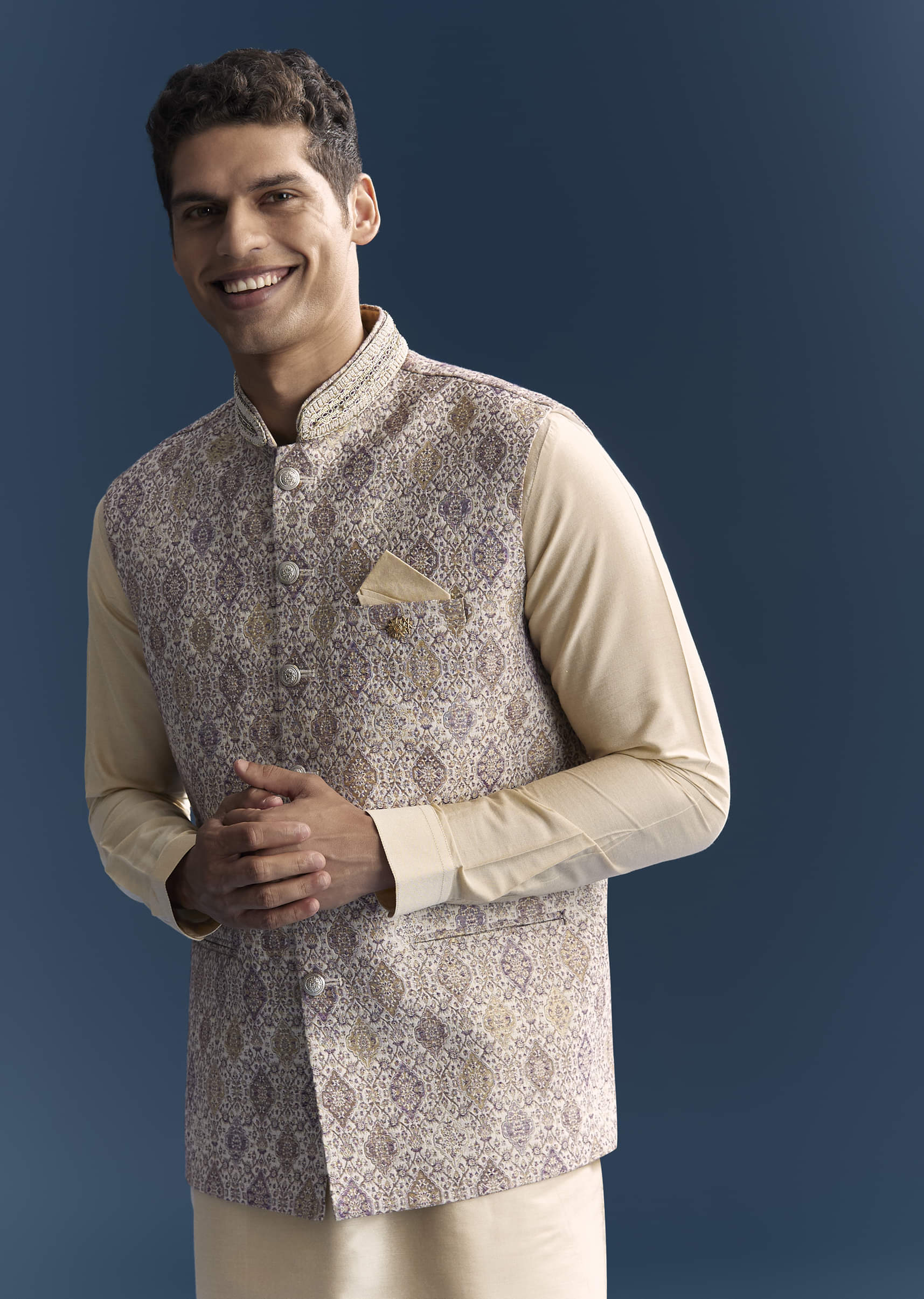 Cream Jacquard Kurta Jacket Set For Men With Printed Jacket - Image 4