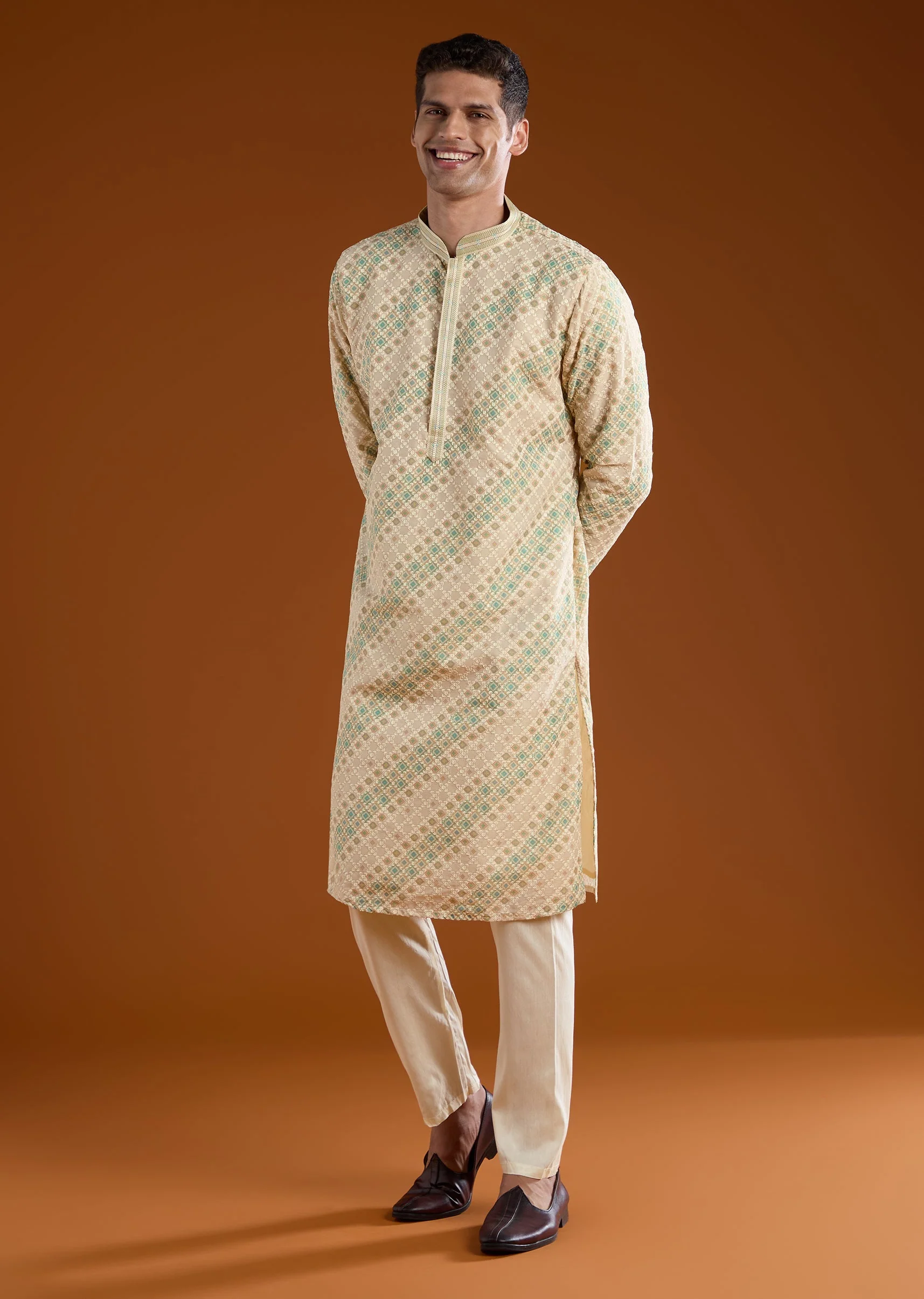 Cream Jacquard Mens Kurta Pant Set - Image 3