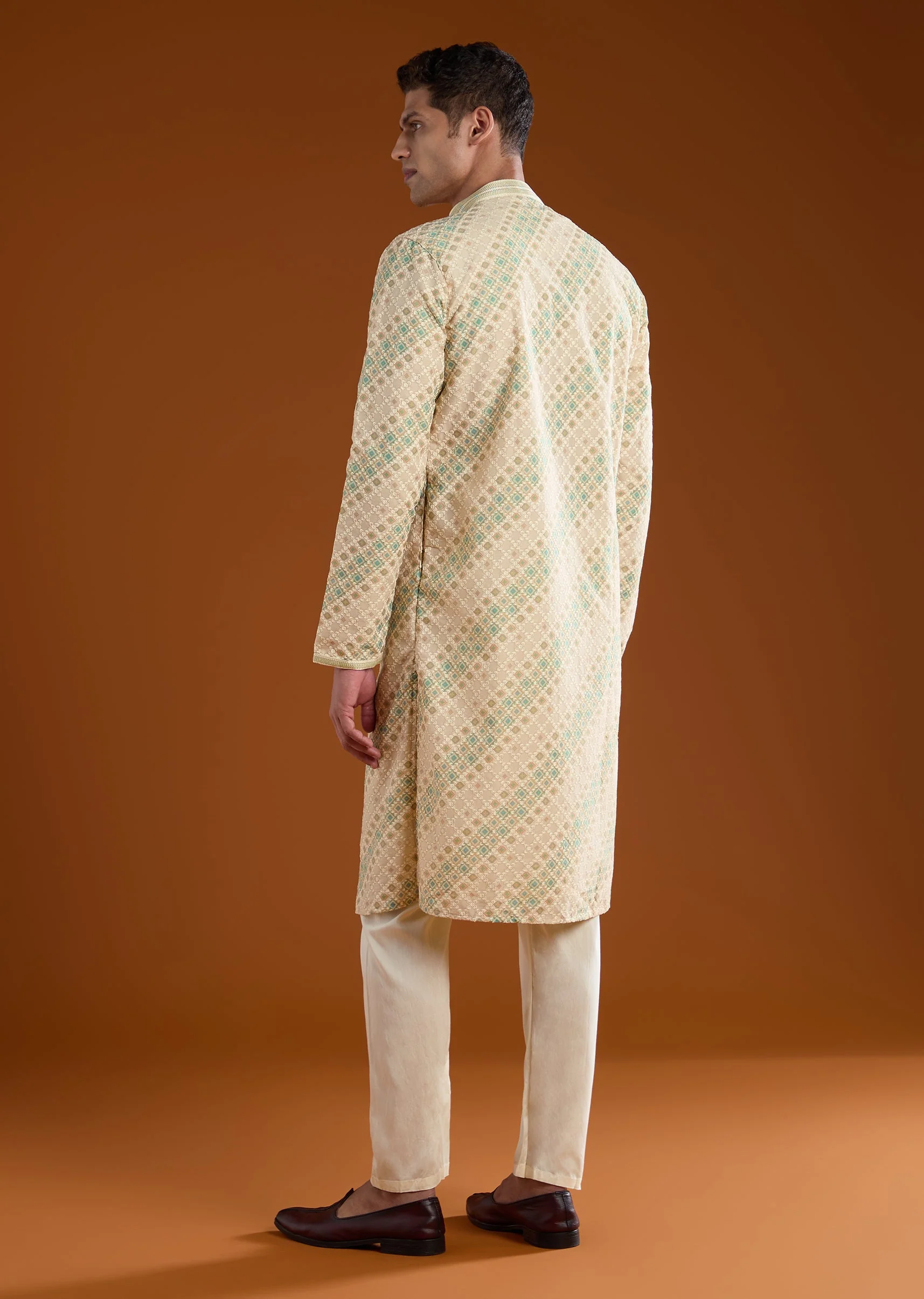 Cream Jacquard Mens Kurta Pant Set - Image 5