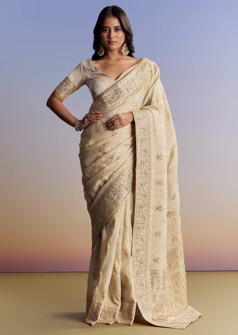 Cream Jacquard Silk Saree With Zari Brocade And Zardosi Embellished Pallu - Image 5