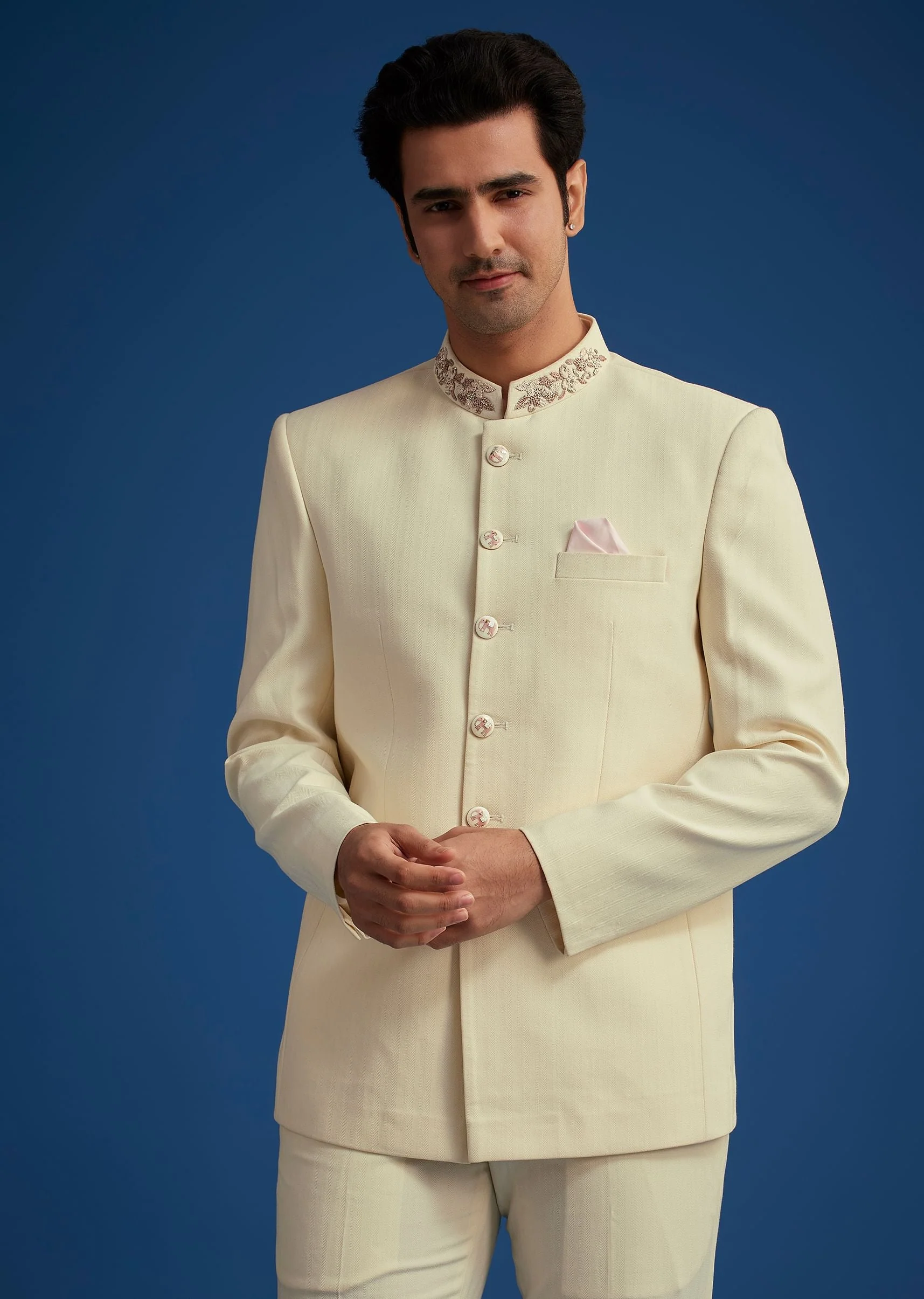 Cream Jodhpuri Suit With Handwork Collar - Image 4
