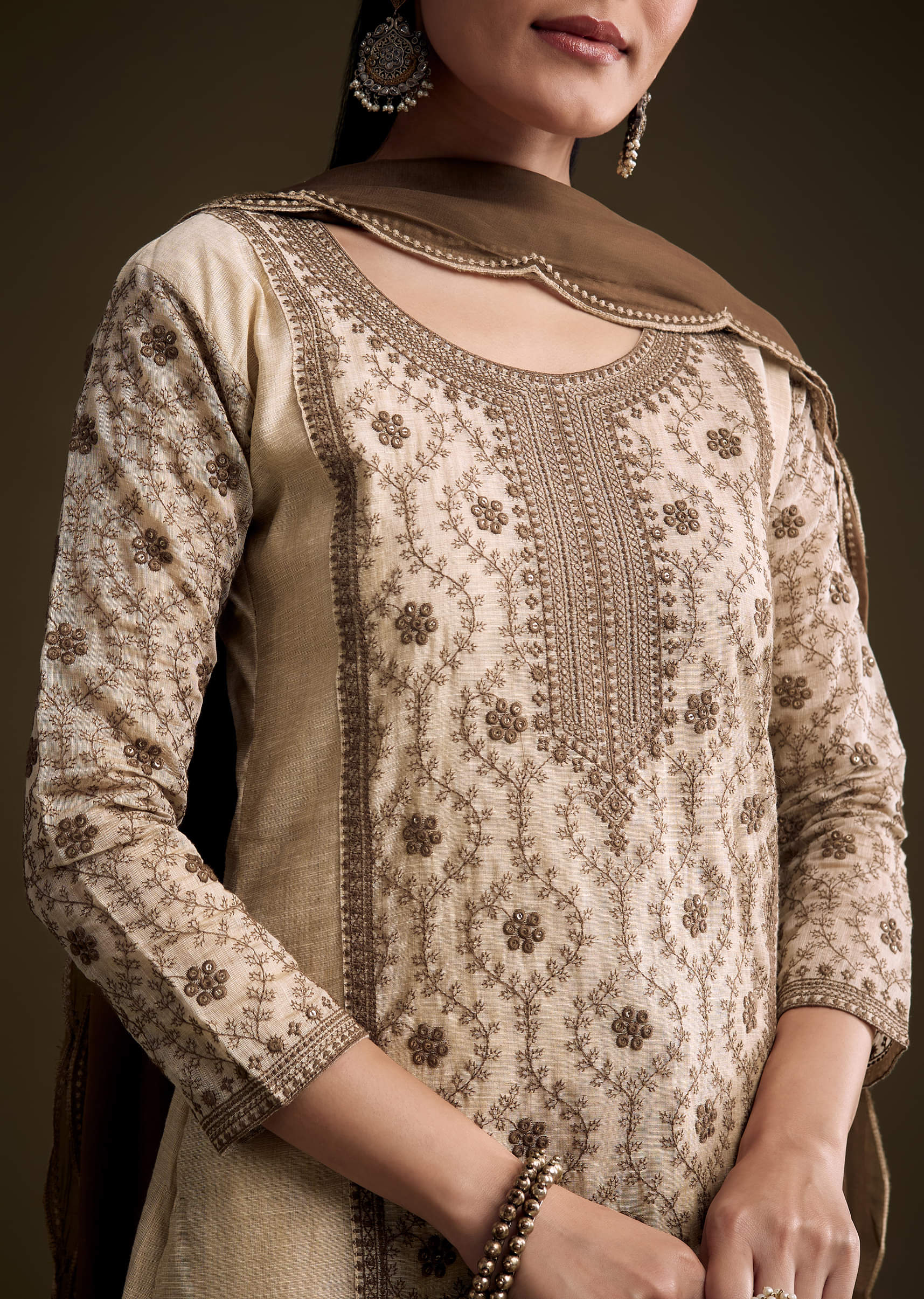 Cream Khadi Kurta Set With Thread Embroidery - Image 2