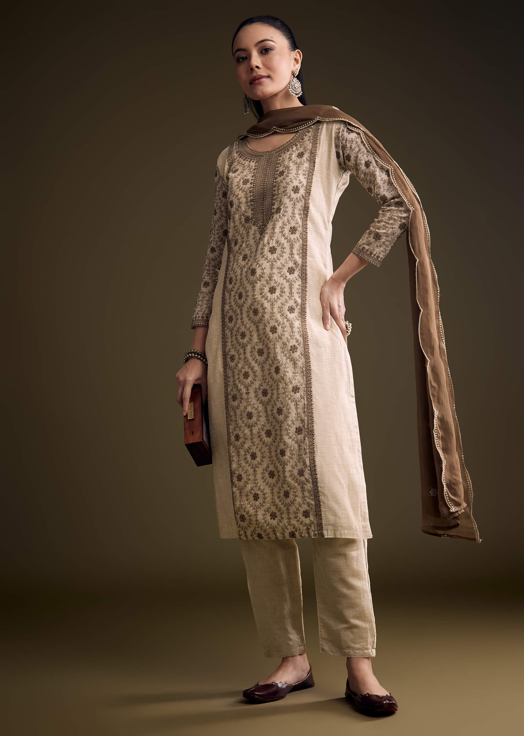 Cream Khadi Kurta Set With Thread Embroidery - Image 3