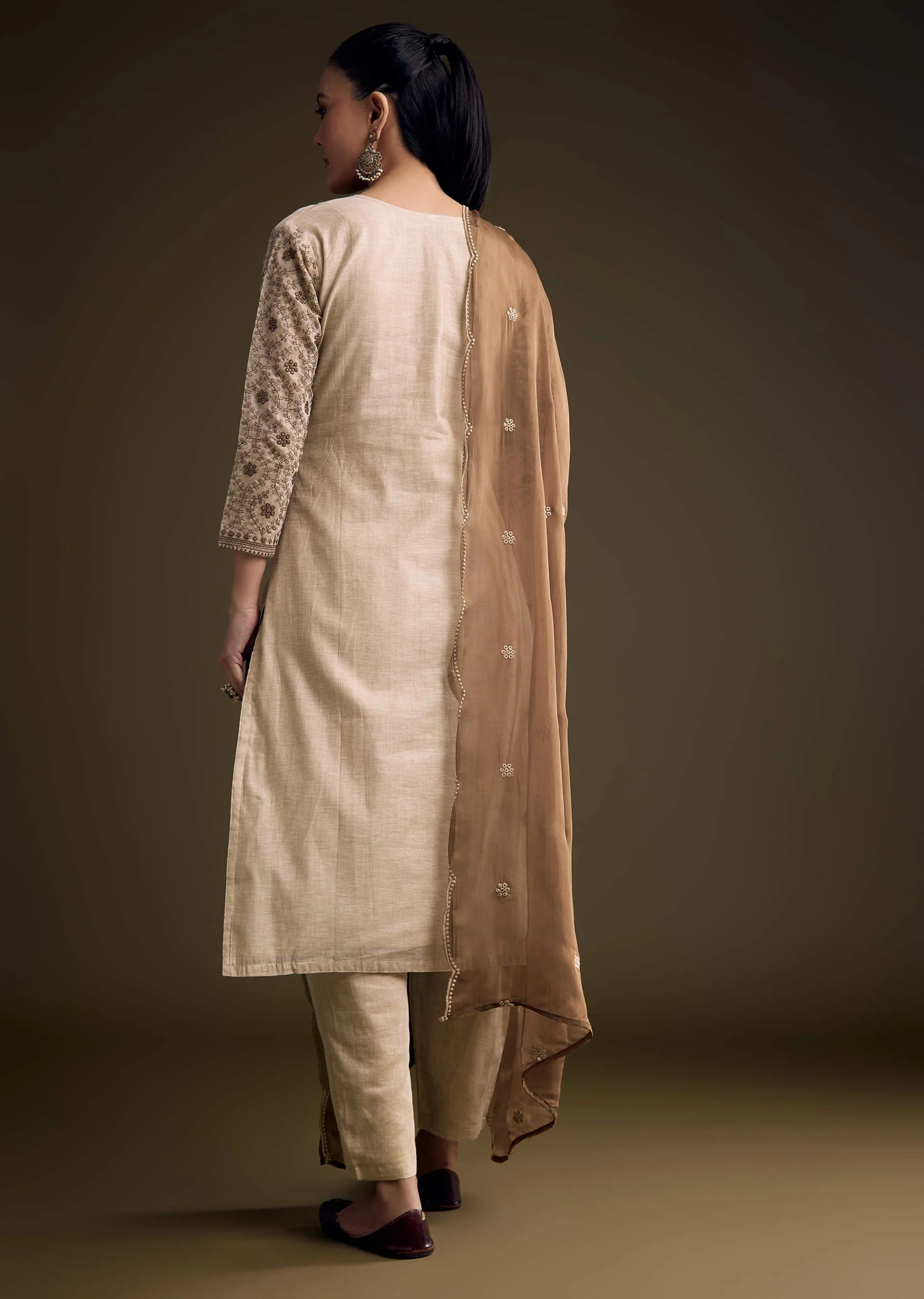 Cream Khadi Kurta Set With Thread Embroidery - Image 5