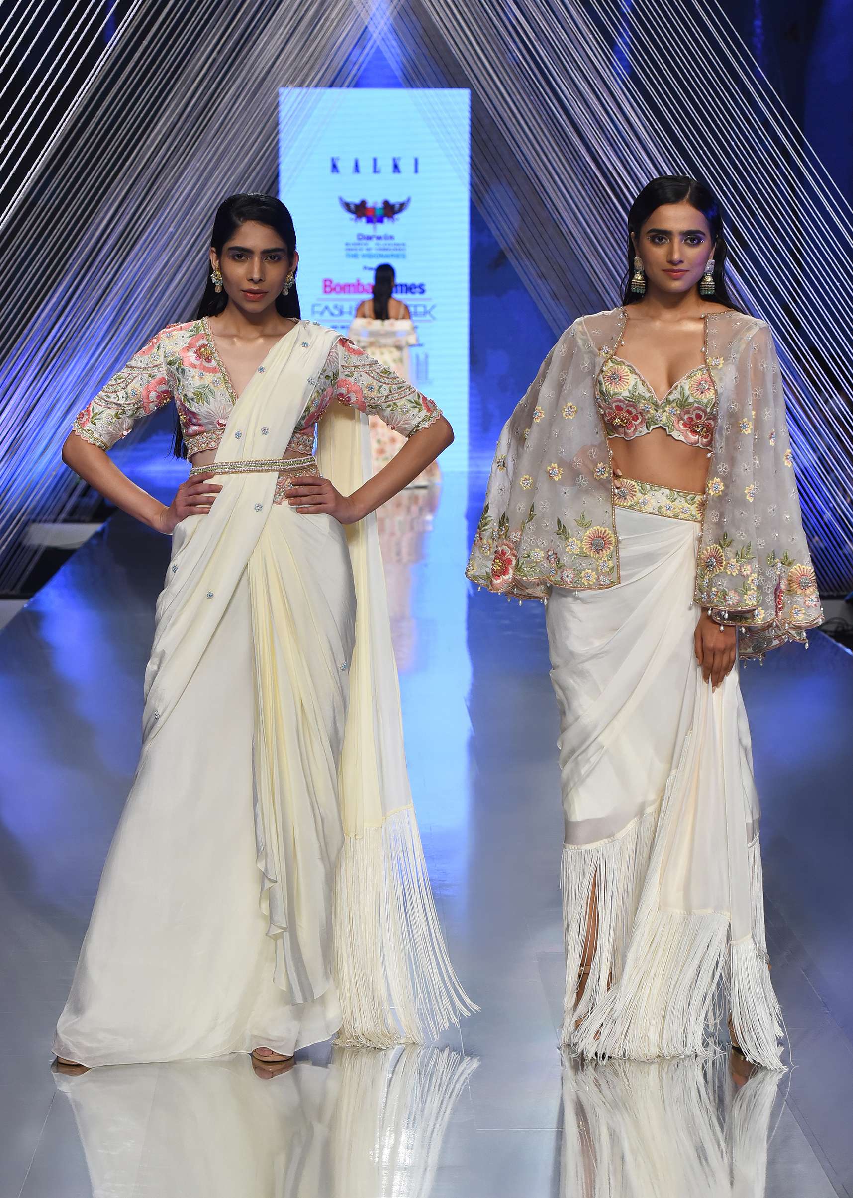 Cream Ready Pleated Saree With Multi Colored Floral Hand Work On The Blouse - Image 3