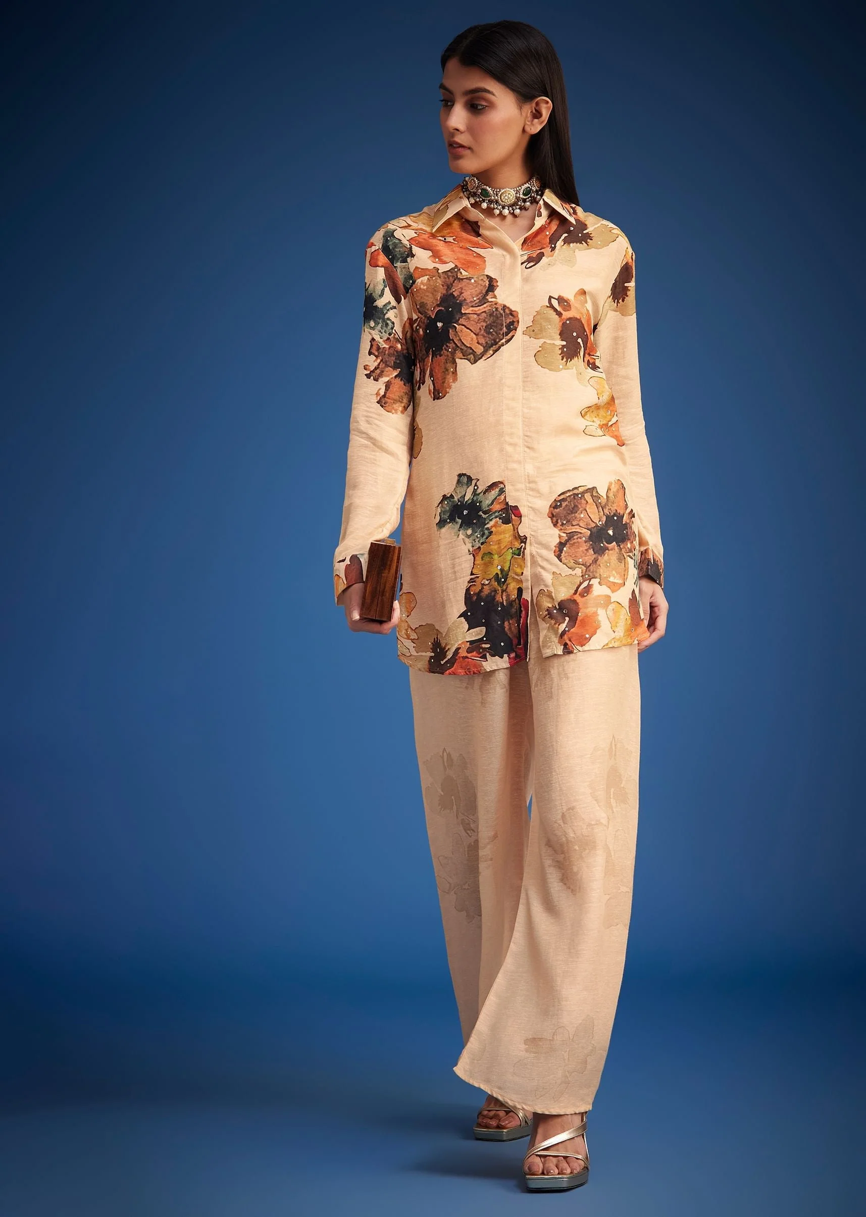Cream Linen Floral Printed Embroidered Co Ord Set - Image 3
