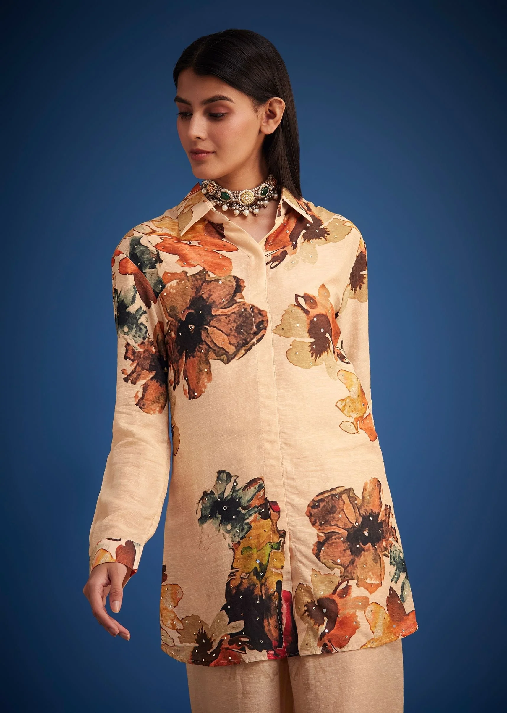 Cream Linen Floral Printed Embroidered Co Ord Set - Image 4