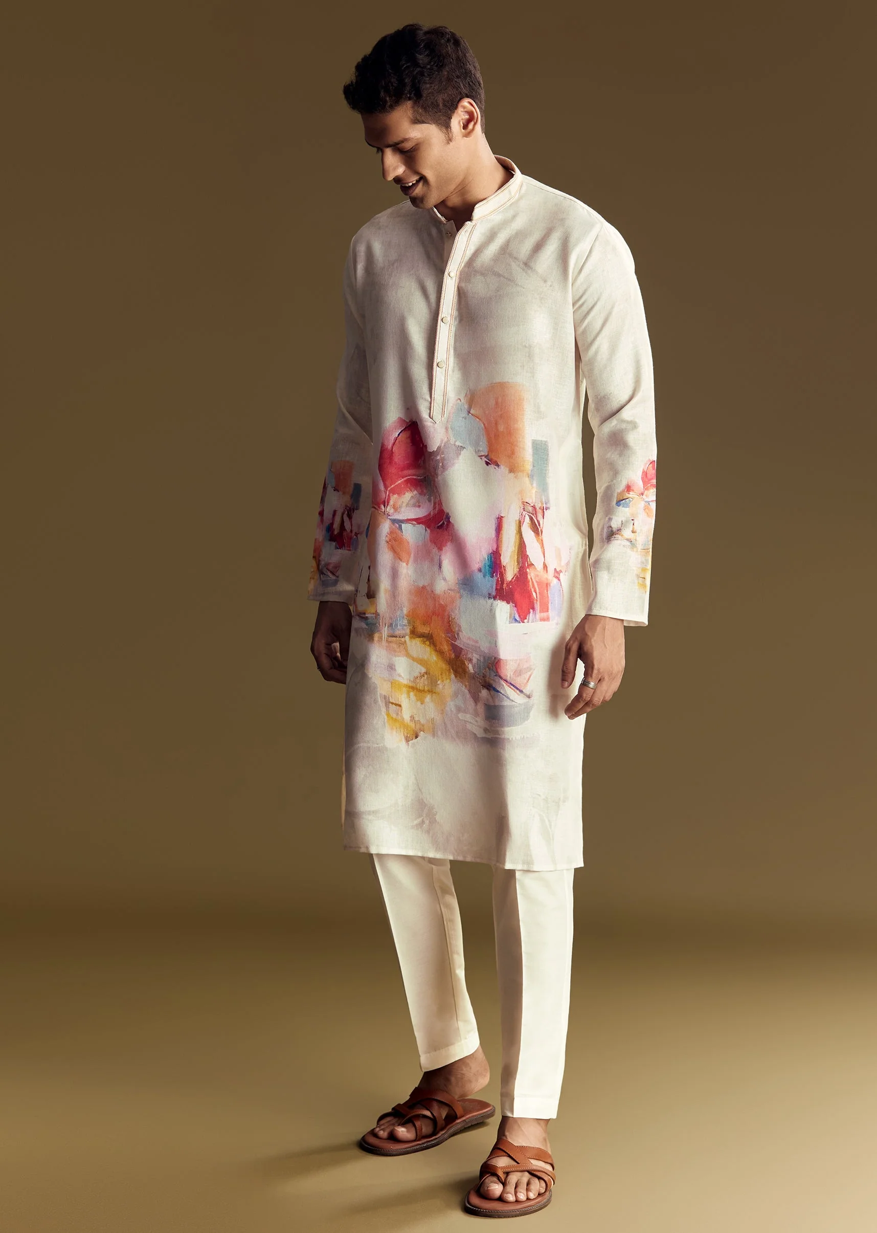 Cream Linen Kurta Set With Abstract Artistic Print - Image 2
