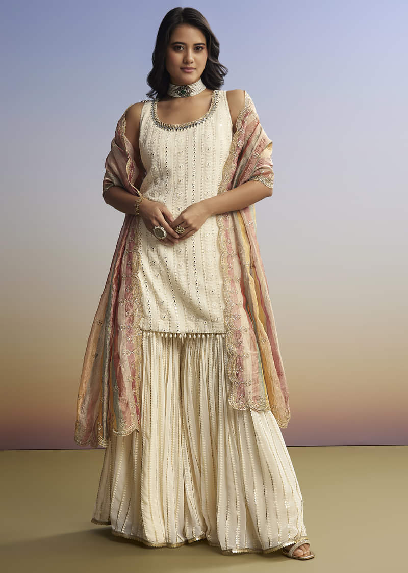 Cream Lucknowi Sharara Set With Tissue Dupatta - Image 3