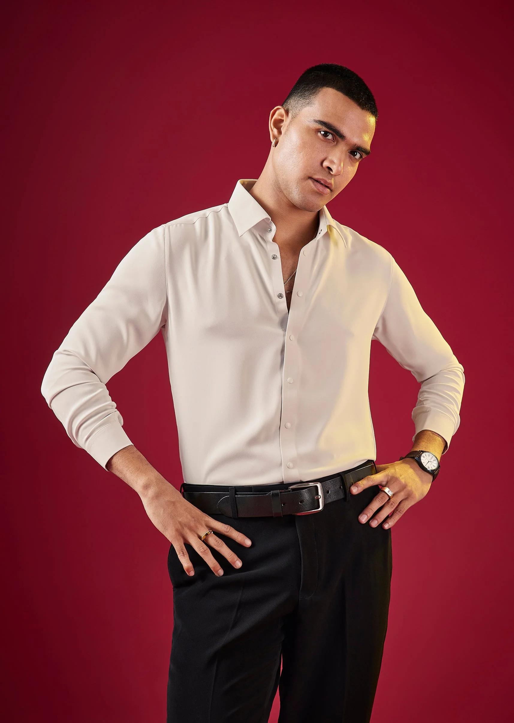 Cream Mens Solid Viscose Button Front Shirt - Image 3