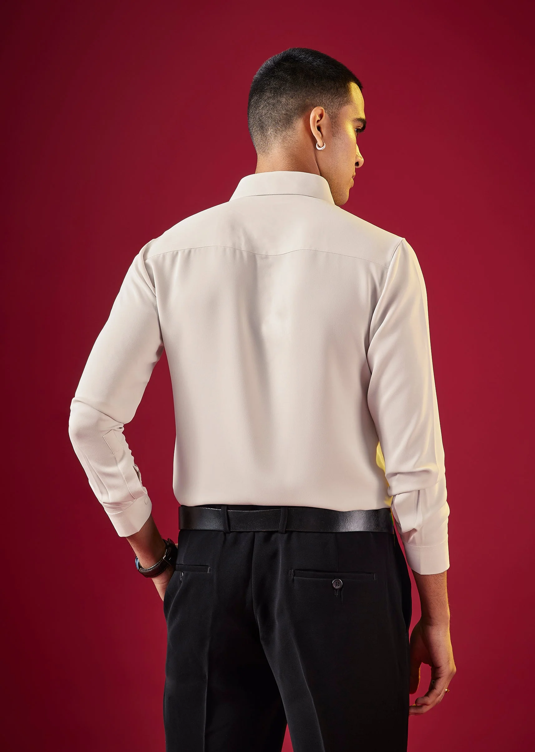 Cream Mens Solid Viscose Button Front Shirt - Image 4