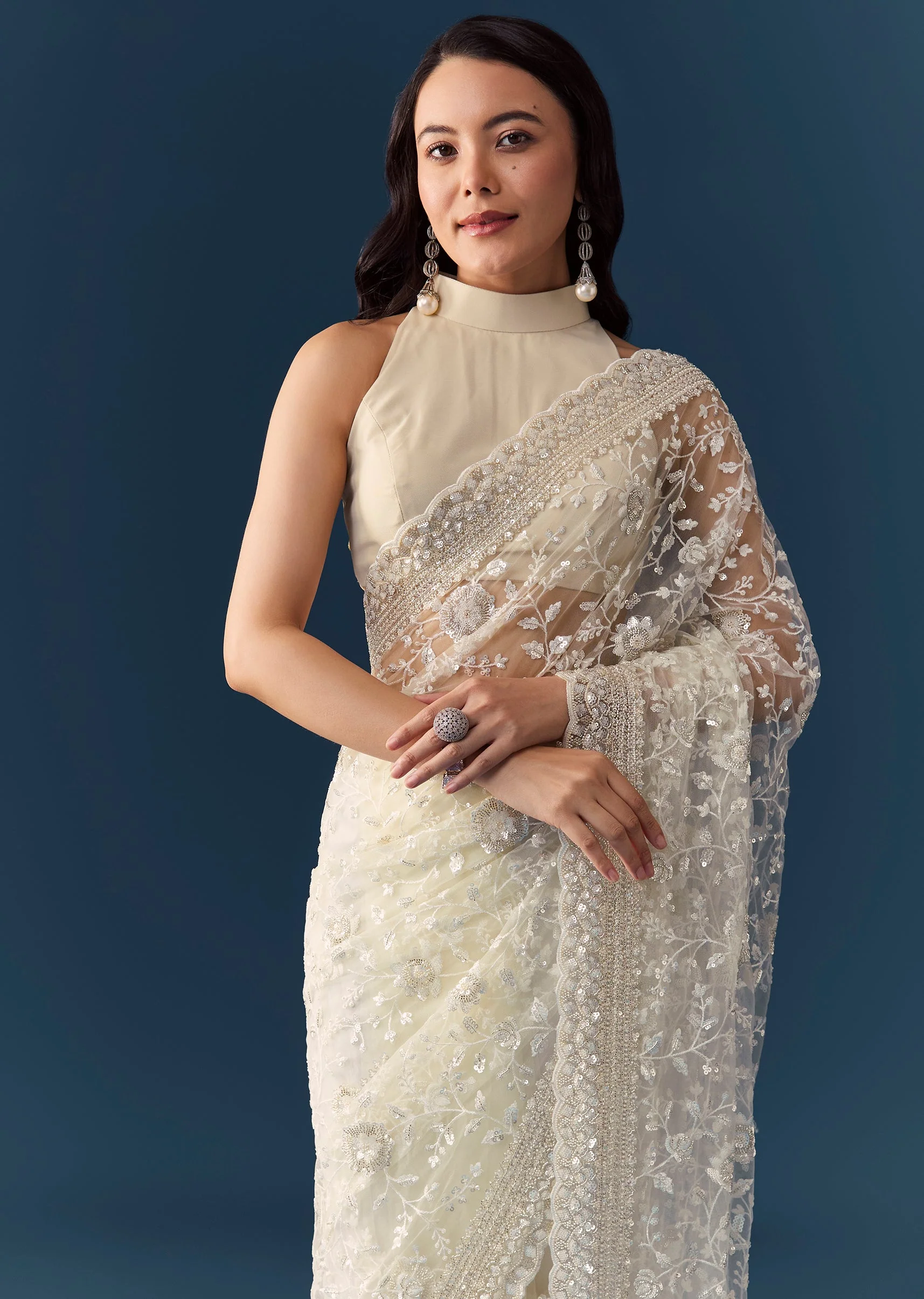 Cream Net Jaal Embellished Saree with Unstitched Blouse - Image 4