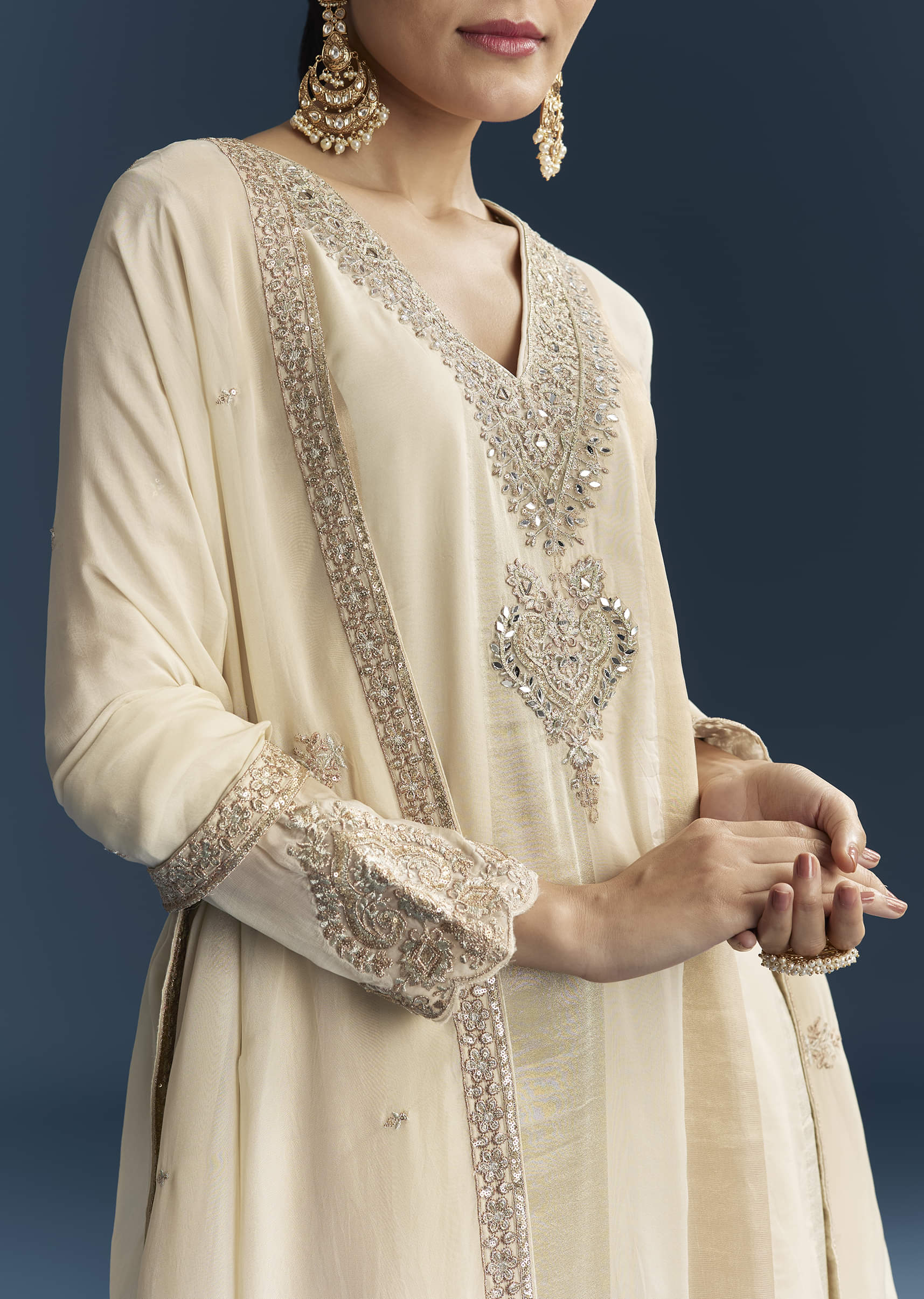 Cream Organza Palazzo Suit With Zari And Mirror Work - Image 2