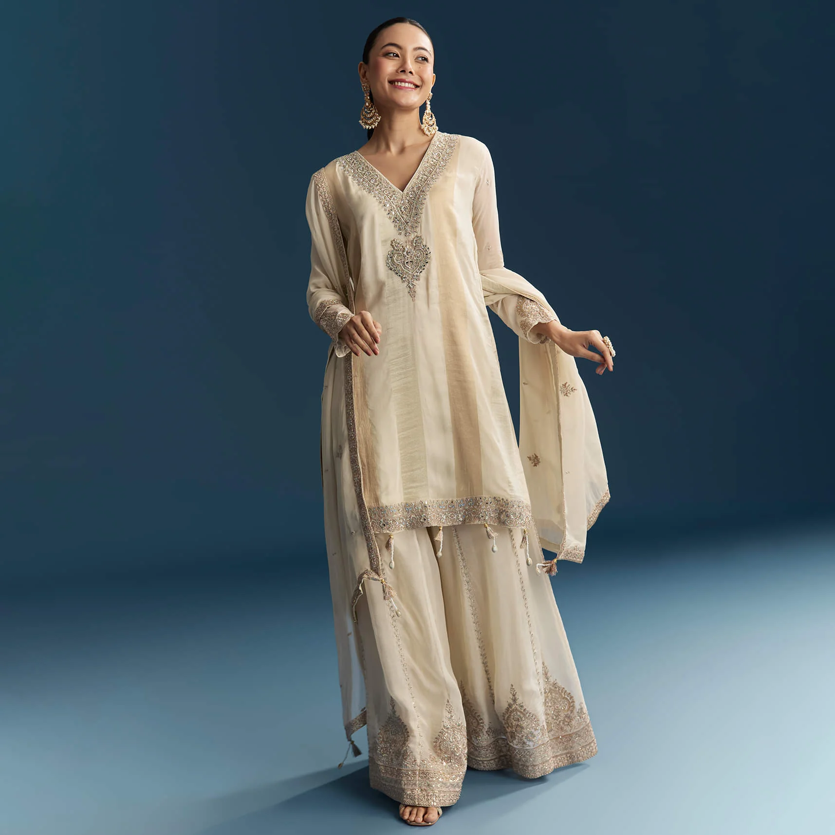 Cream Organza Palazzo Suit With Zari And Mirror Work - Image 3