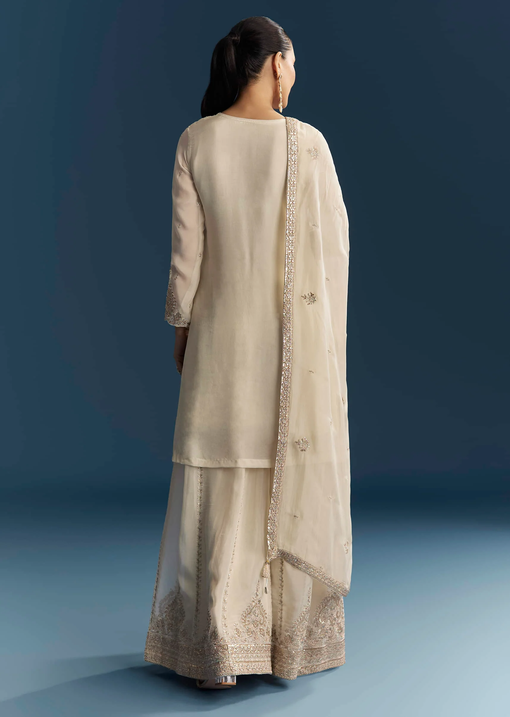 Cream Organza Palazzo Suit With Zari And Mirror Work - Image 5